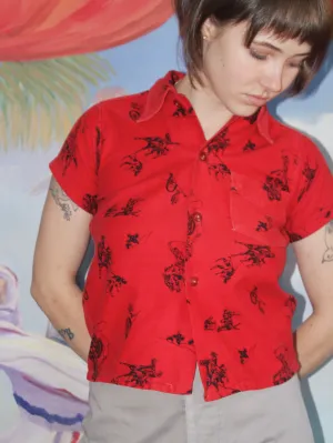 1950s Western Cowboy Print Cherry Red Cotton Flannel Shirt