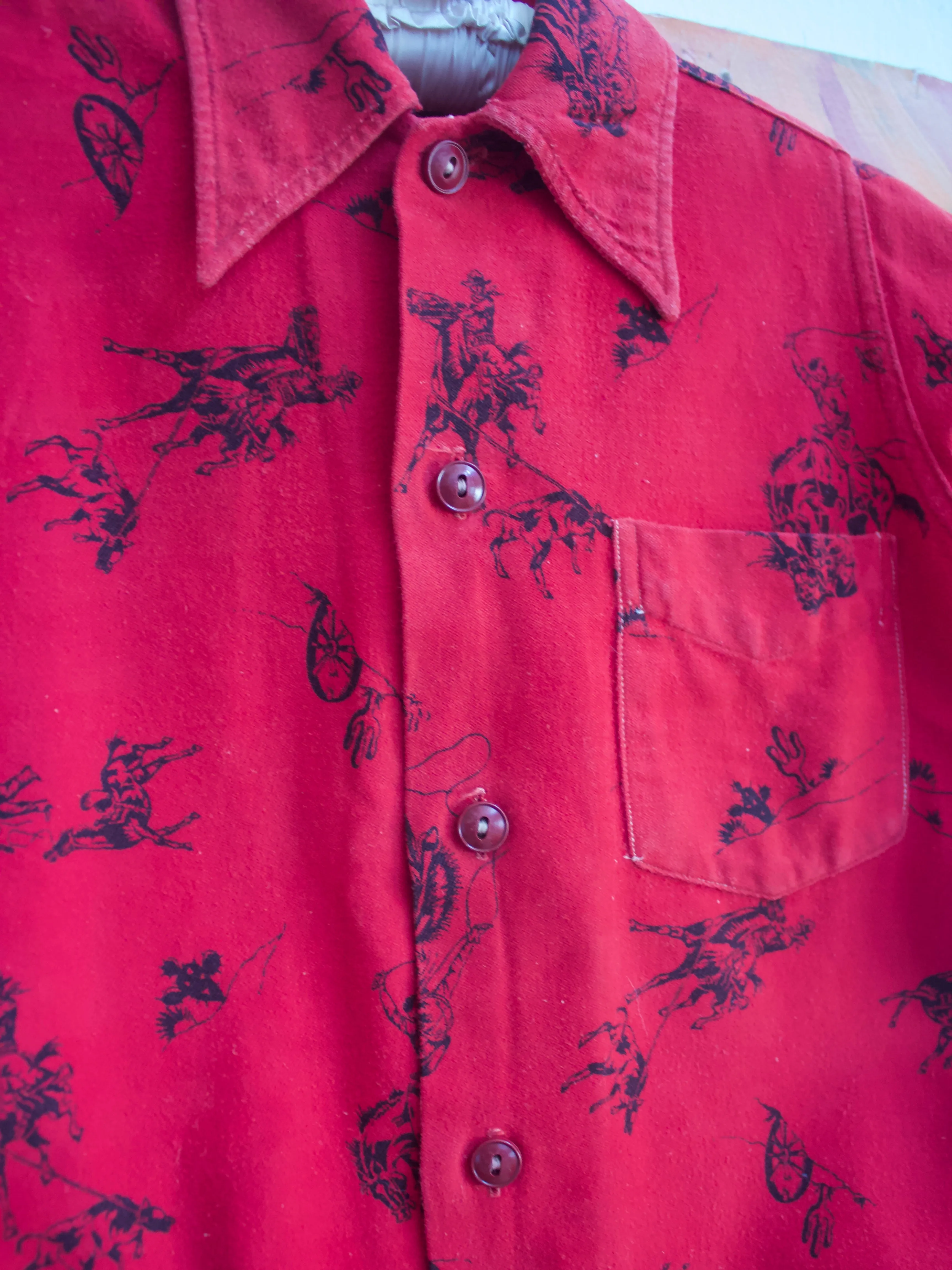 1950s Western Cowboy Print Cherry Red Cotton Flannel Shirt
