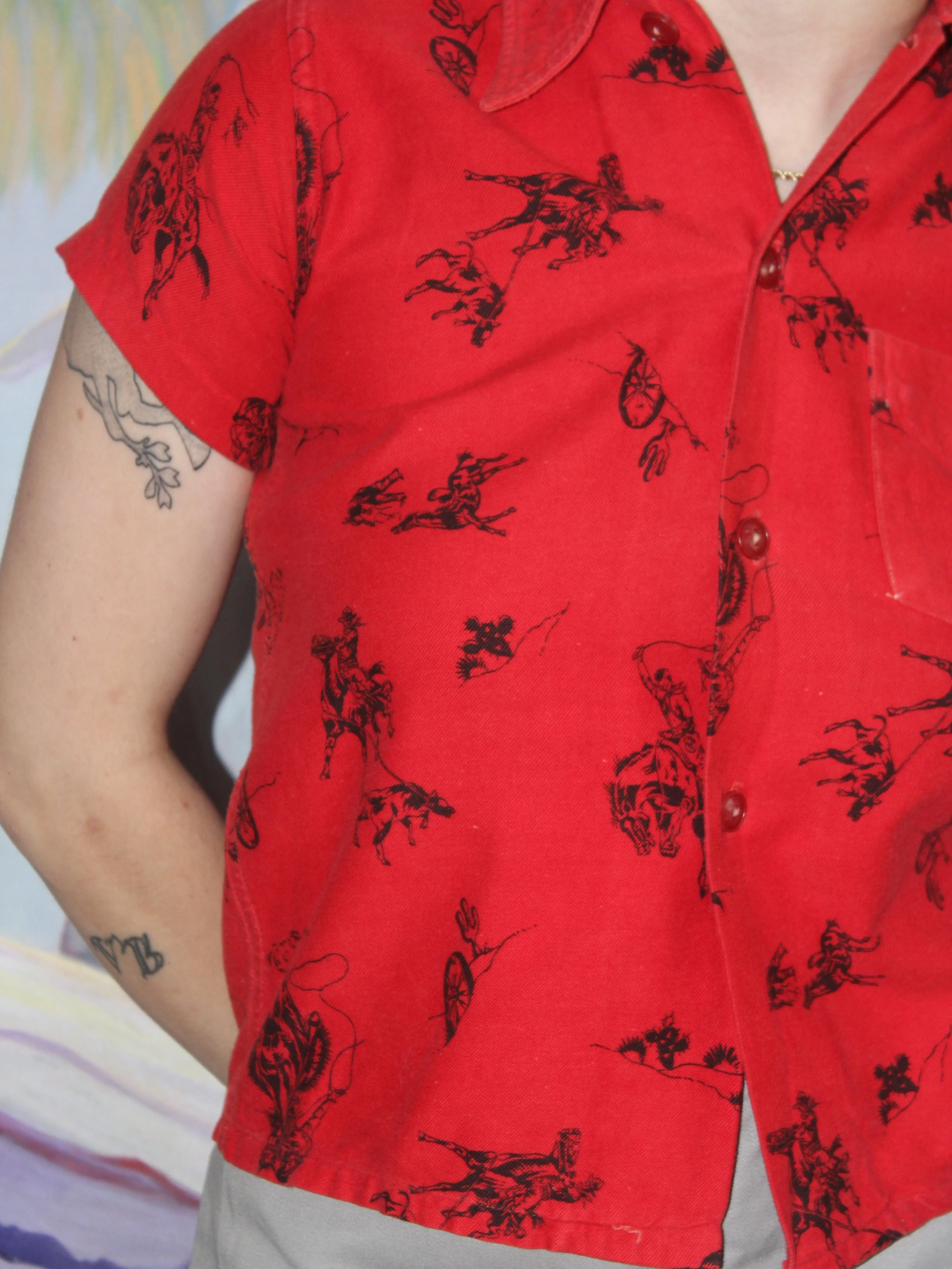 1950s Western Cowboy Print Cherry Red Cotton Flannel Shirt