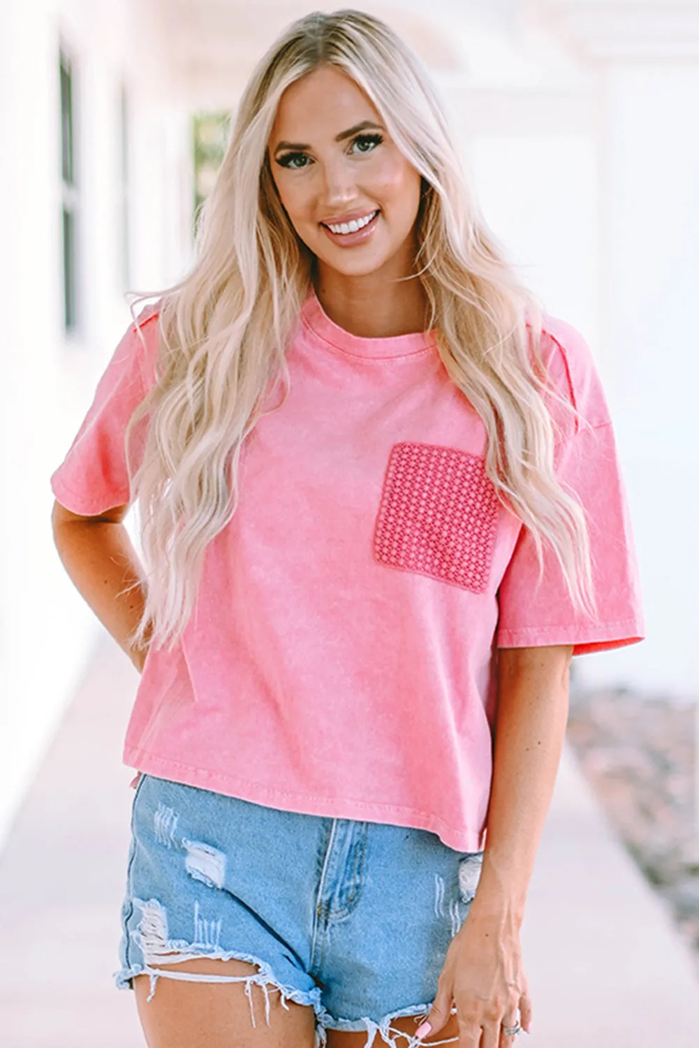 Acid Wash Lace Patch Pocket T-Shirt