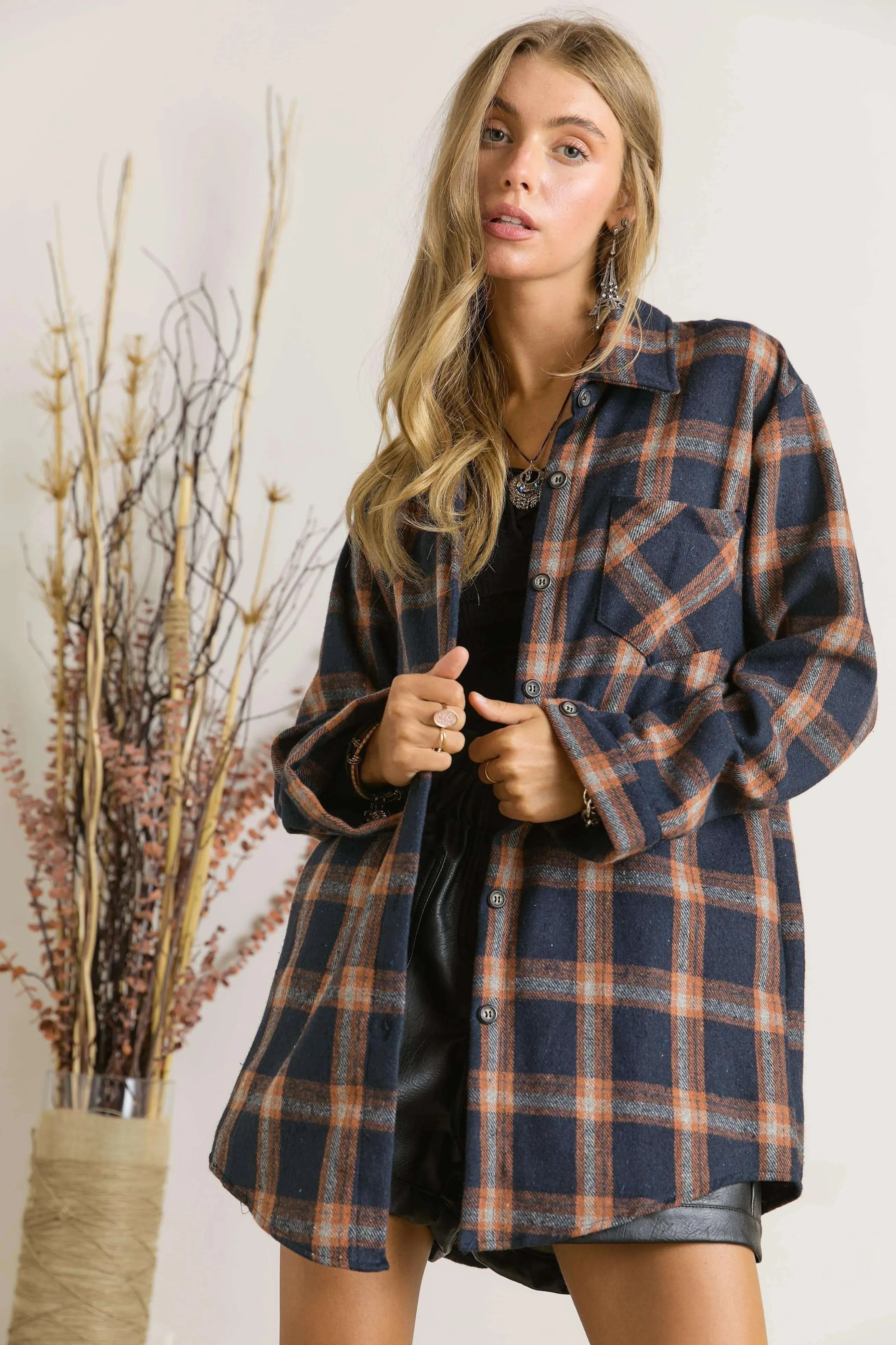 ADORA Full Size Button Down Flannel Shirt Plus Size