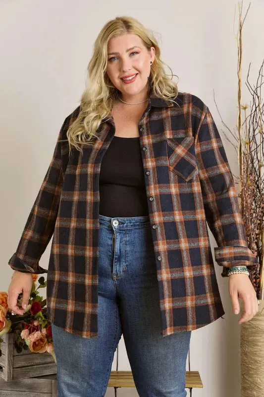 ADORA Full Size Button Down Flannel Shirt Plus Size