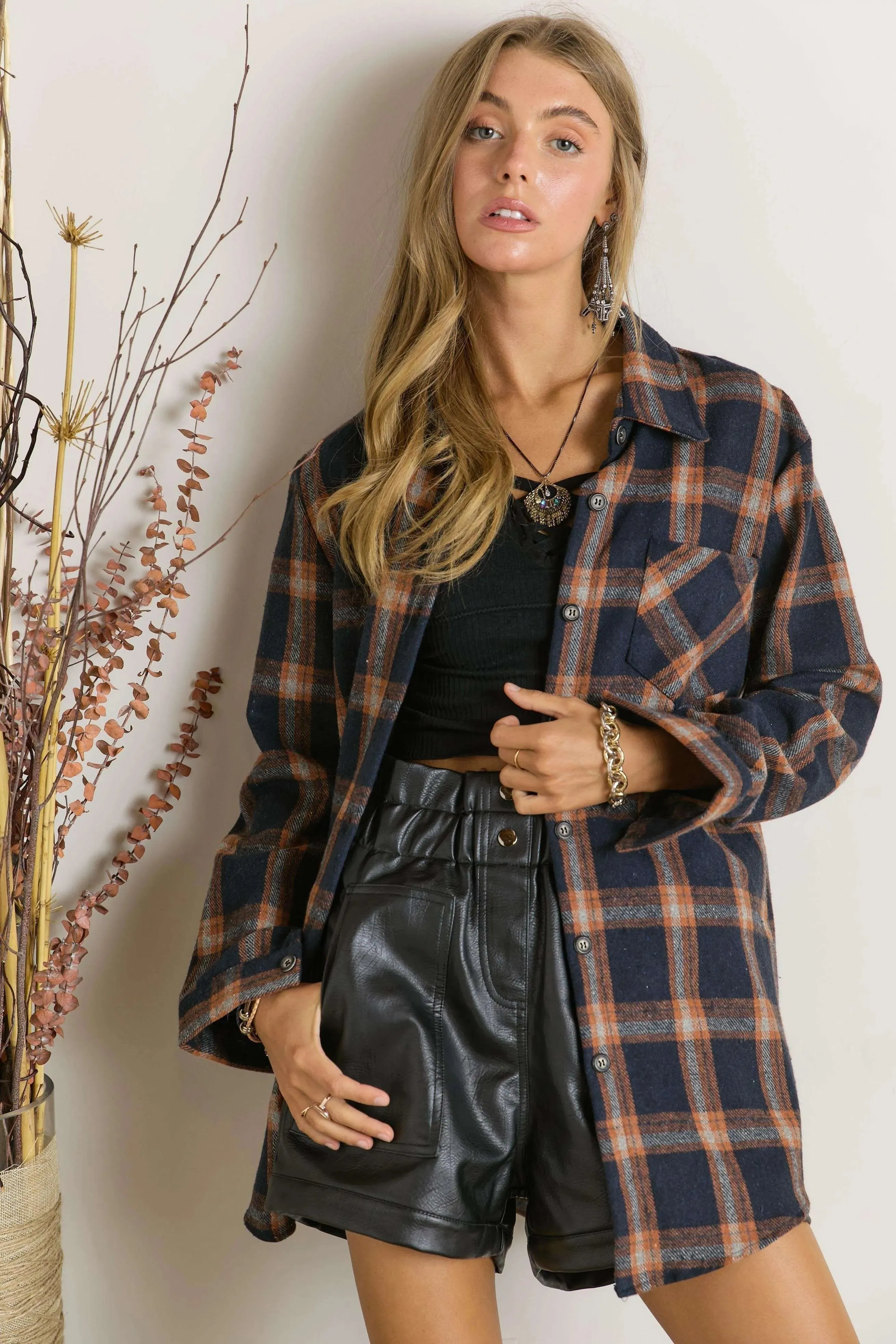 ADORA Full Size Button Down Flannel Shirt Plus Size