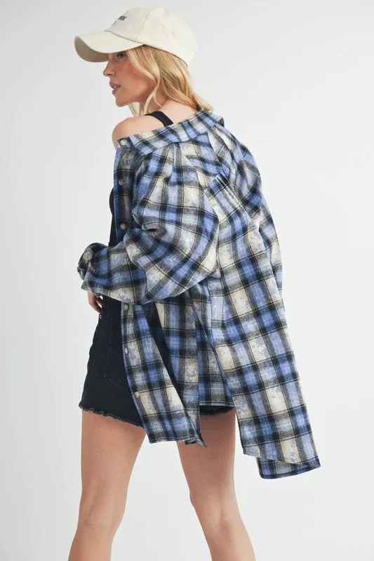Aemi   Co Washed Plaid Button Up Raglan Sleeve Flannel Shirt