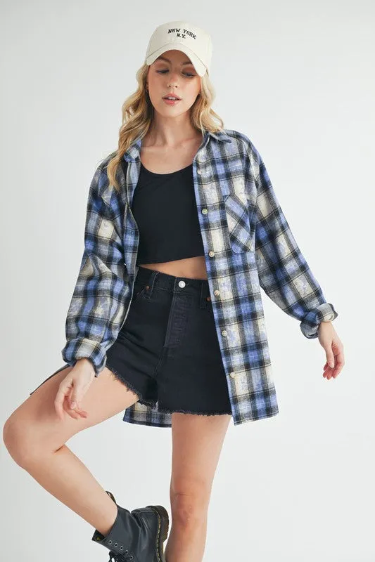 Aemi   Co Washed Plaid Button Up Raglan Sleeve Flannel Shirt