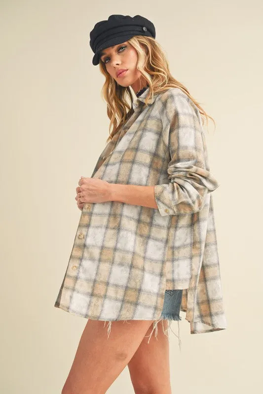 Aemi   Co Washed Plaid Flannel Side Step Hem Shirt