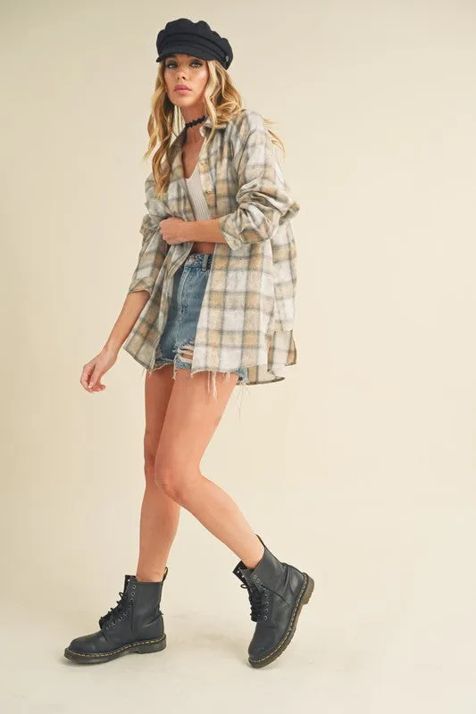 Aemi   Co Washed Plaid Flannel Side Step Hem Shirt