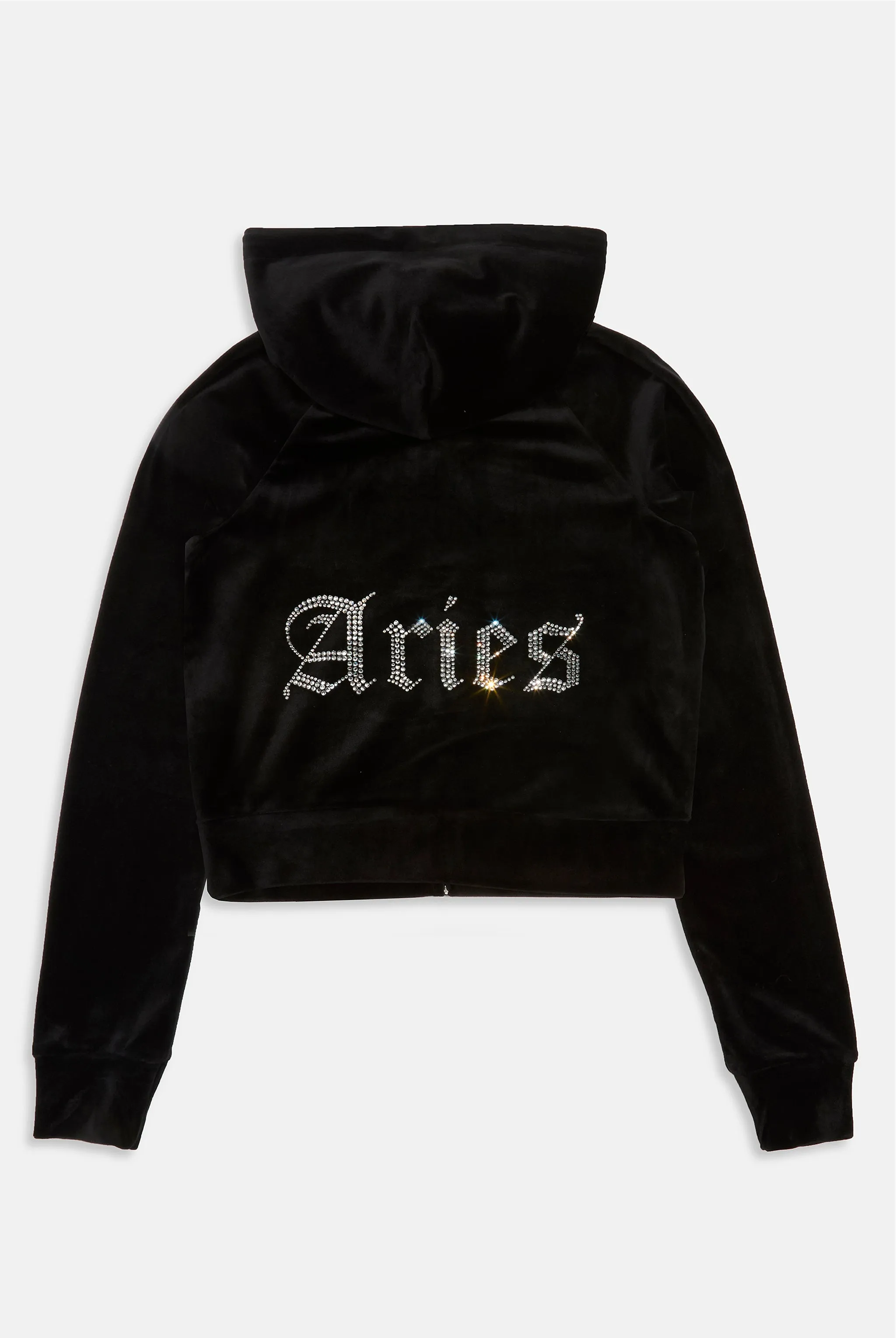 ARIES' BLACK DIAMANTÉ VELOUR ZIP-THROUGH HOODIE