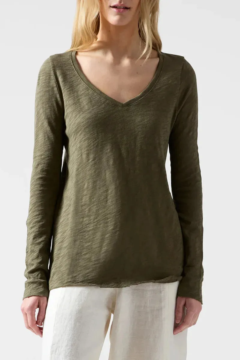 ATM - Long Sleeve V Neck Slub in Army