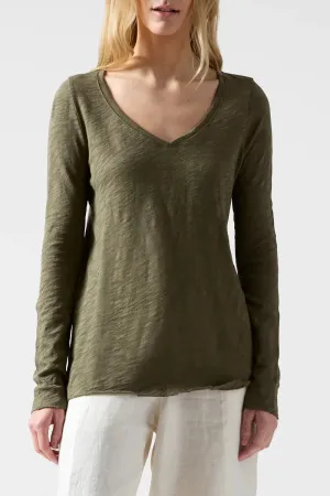 ATM - Long Sleeve V Neck Slub in Army