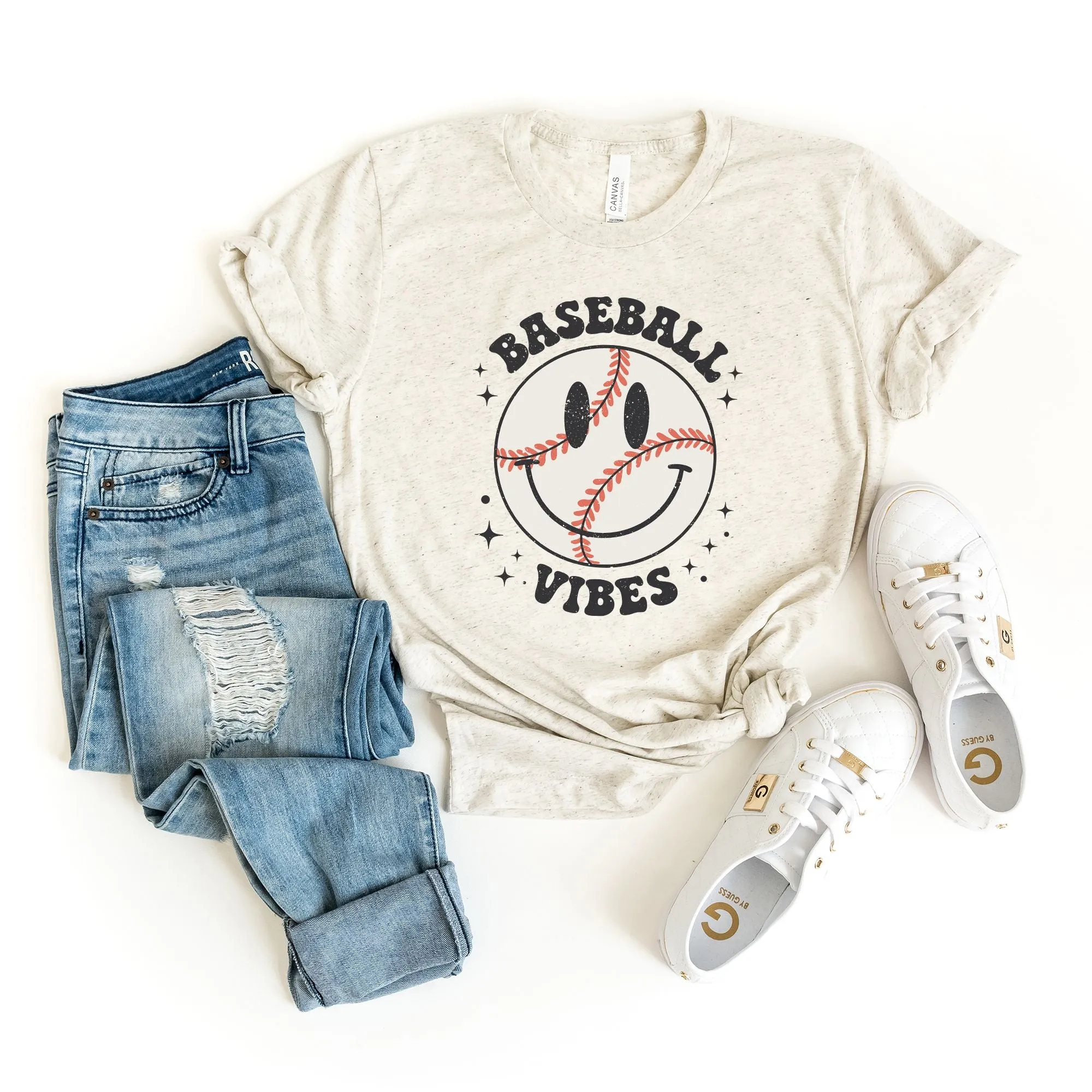 Baseball Vibes Smiley Face | Short Sleeve Crew Neck