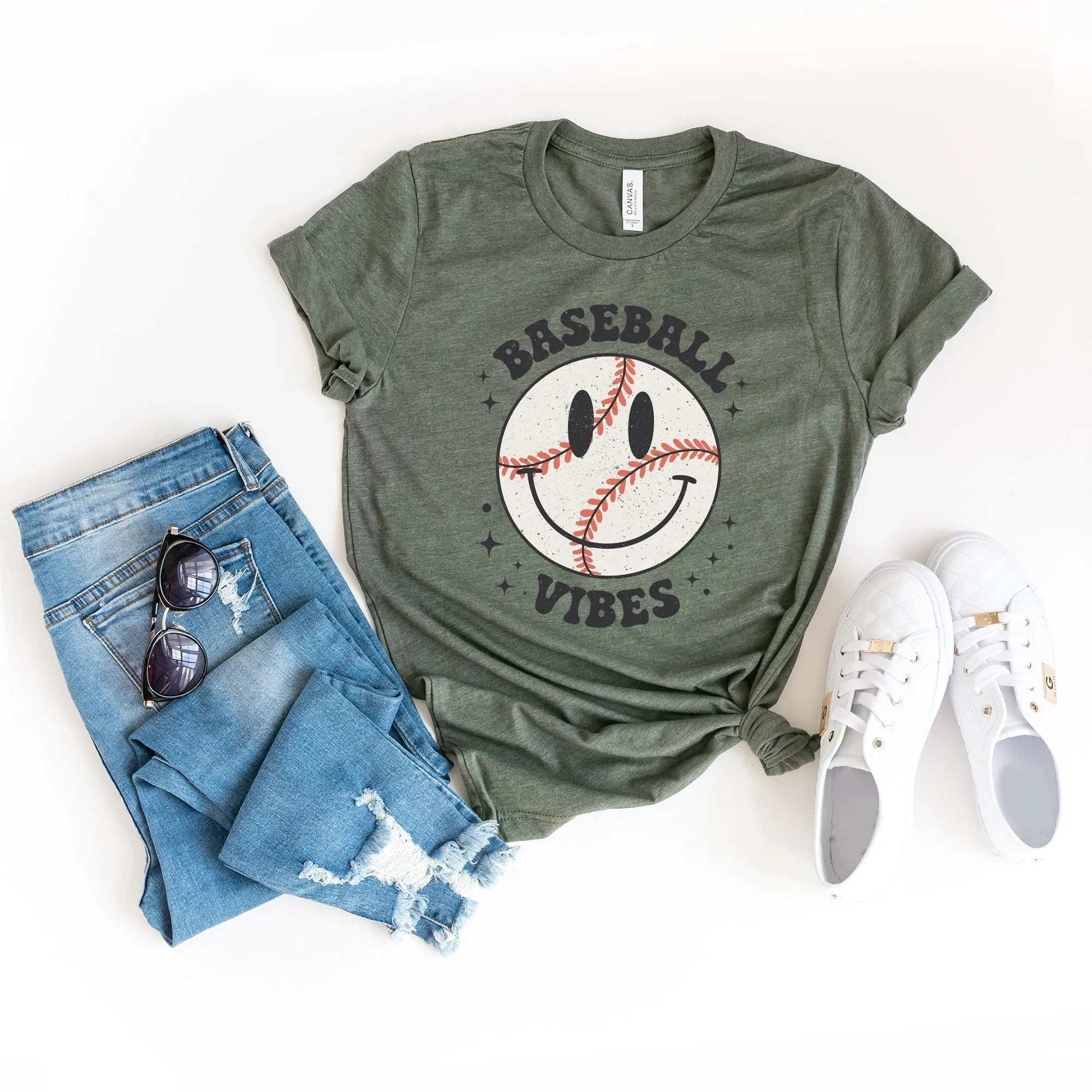 Baseball Vibes Smiley Face | Short Sleeve Crew Neck