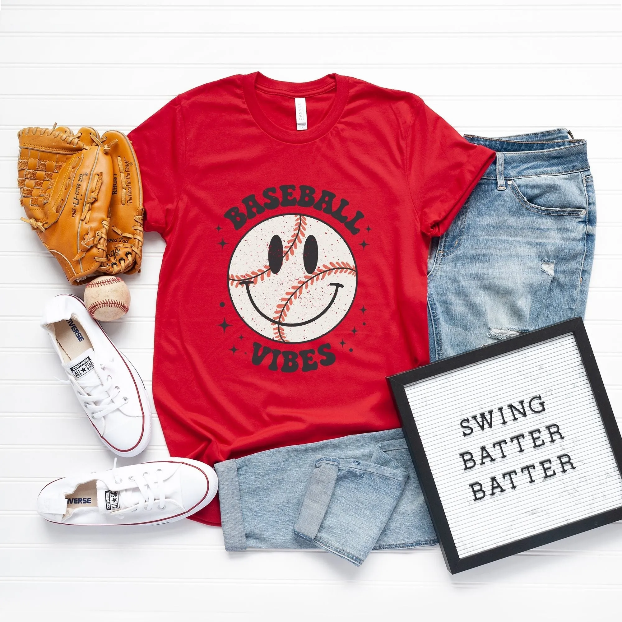 Baseball Vibes Smiley Face | Short Sleeve Crew Neck