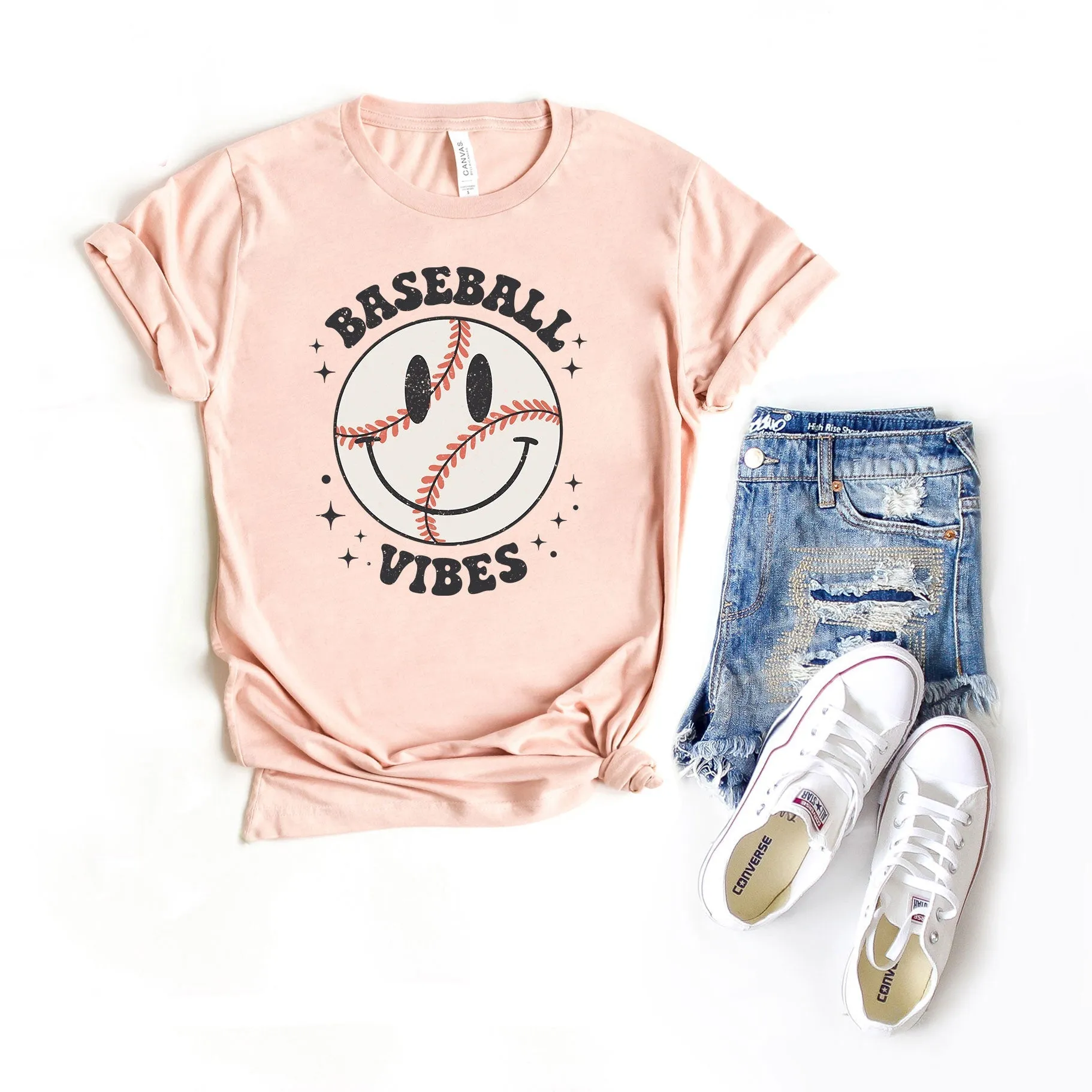 Baseball Vibes Smiley Face | Short Sleeve Crew Neck