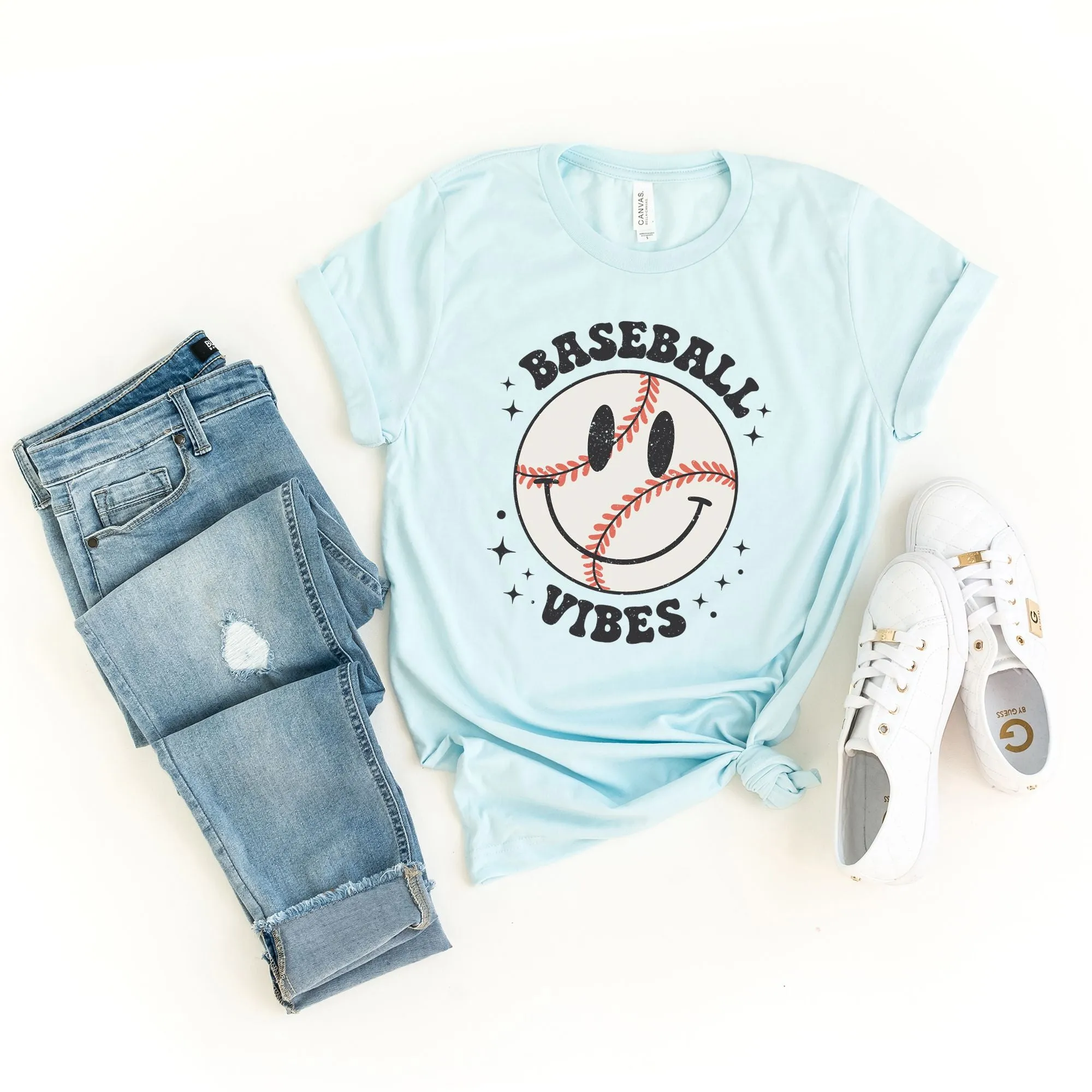 Baseball Vibes Smiley Face | Short Sleeve Crew Neck