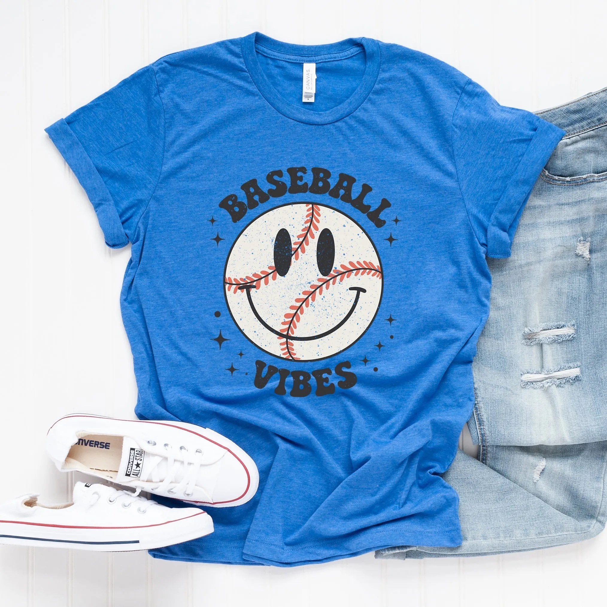 Baseball Vibes Smiley Face | Short Sleeve Crew Neck