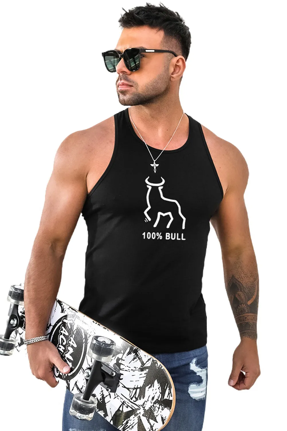 Black 100% BULL Graphic Print Racerback Men's Tank Top