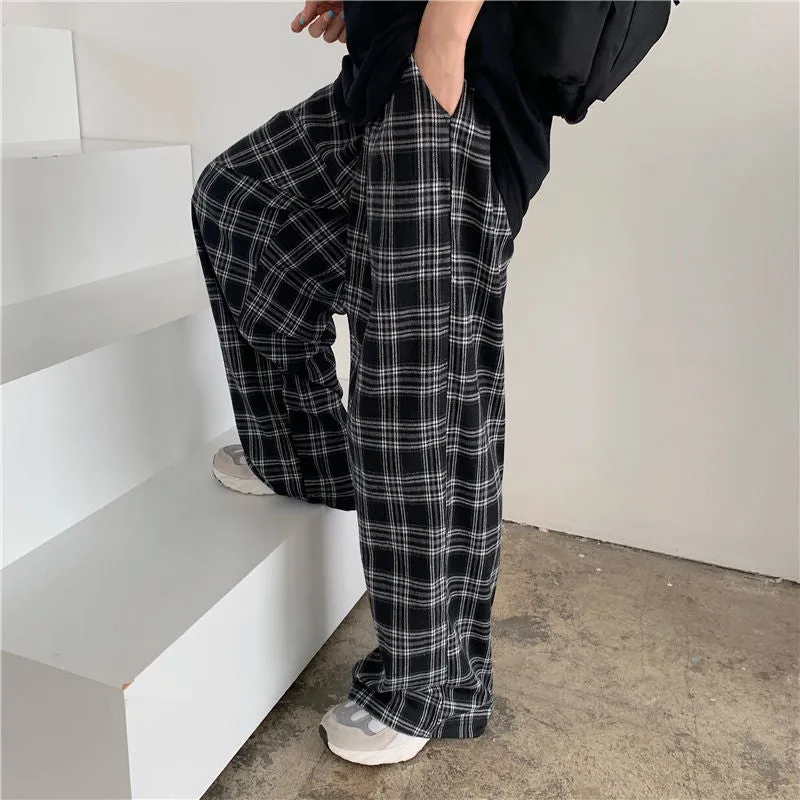Black and White Plaid Loose Wide Leg Long Pants