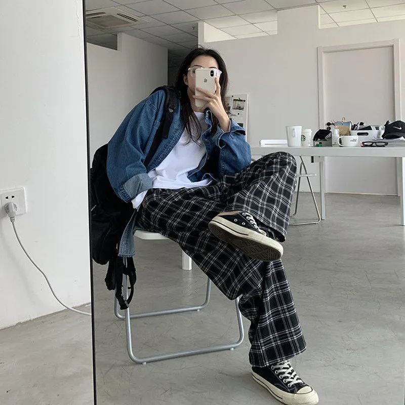 Black and White Plaid Loose Wide Leg Long Pants