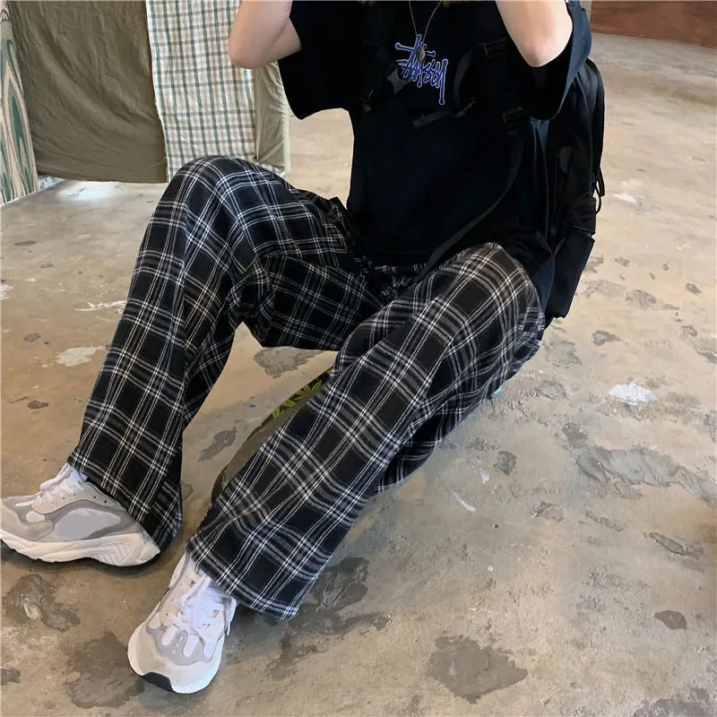 Black and White Plaid Loose Wide Leg Long Pants