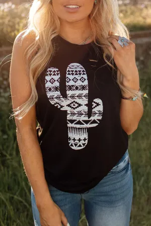 Black Aztec Cactus Graphic Distressed Tank Top