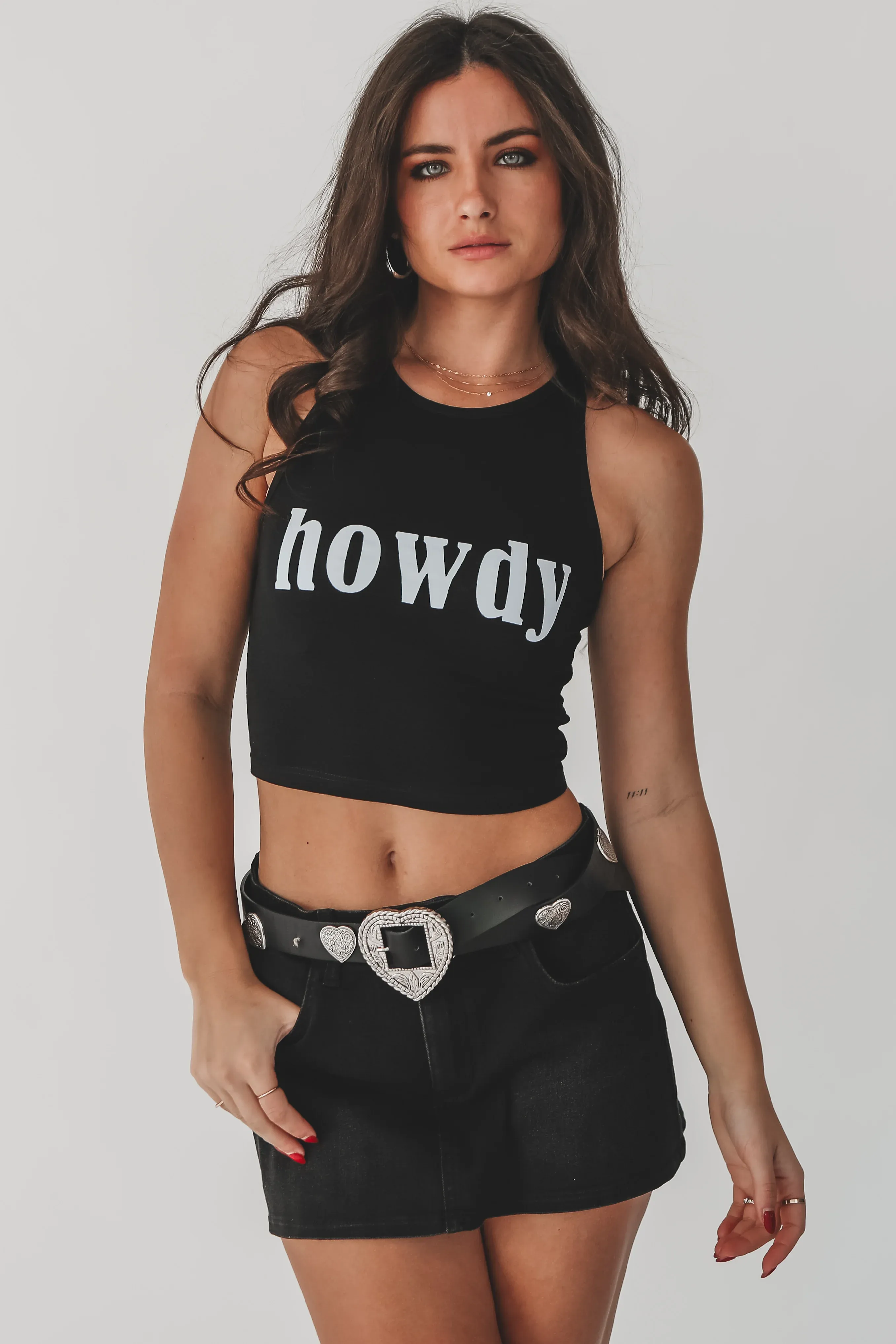 Black Howdy High Neck Western Graphic Cropped Fitted Tank