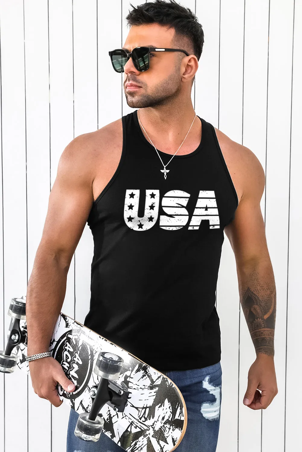 Black Men's USA Letter Print O-neck Racerback Tank Top