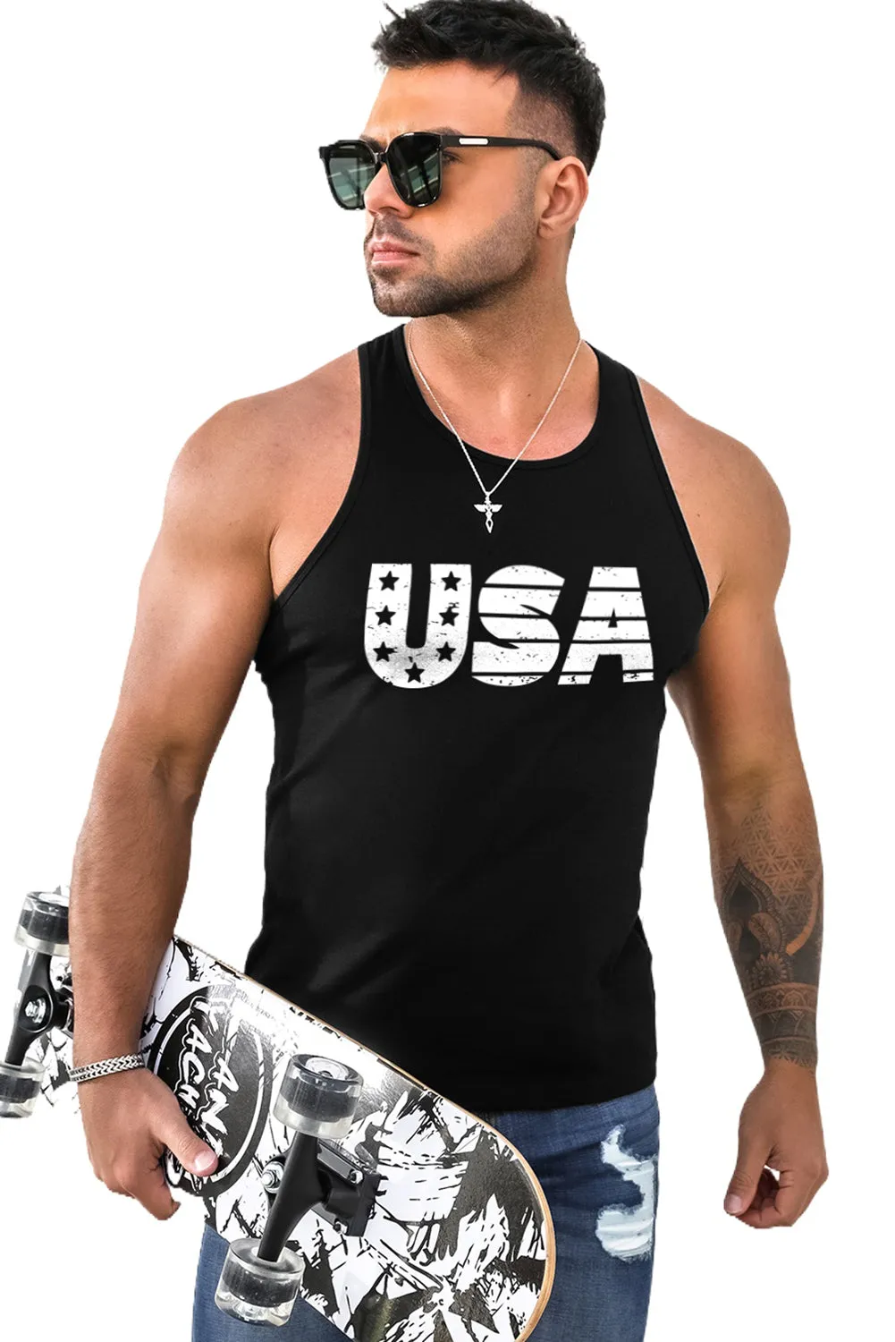 Black Men's USA Letter Print O-neck Racerback Tank Top