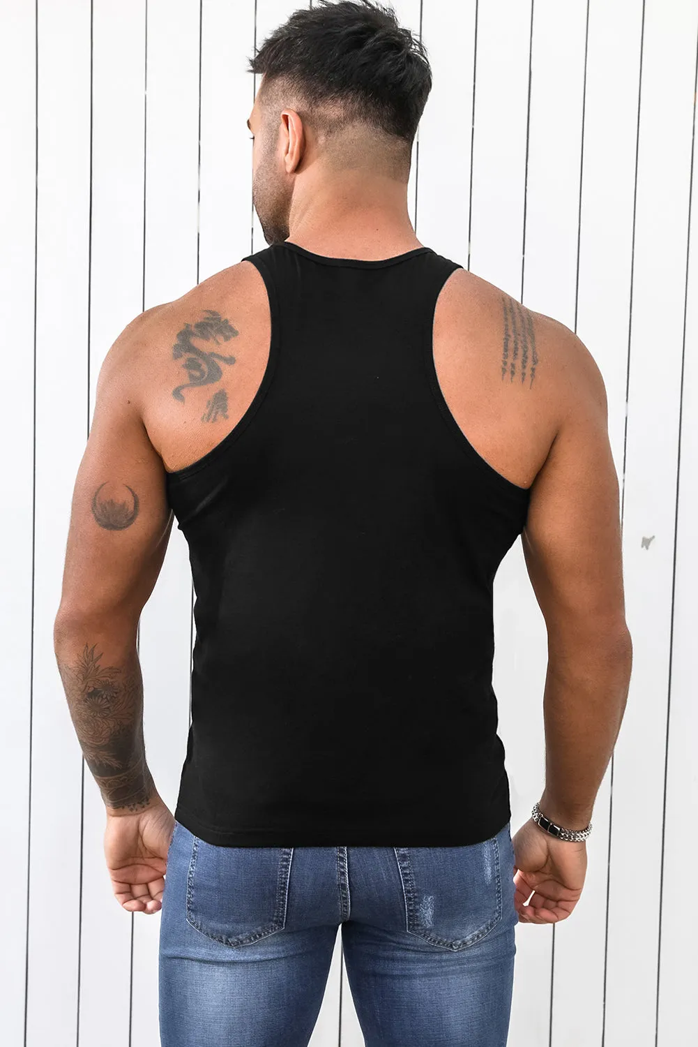 Black Men's USA Letter Print O-neck Racerback Tank Top