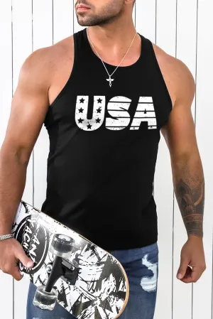 Black Men's USA Letter Print O-neck Racerback Tank Top