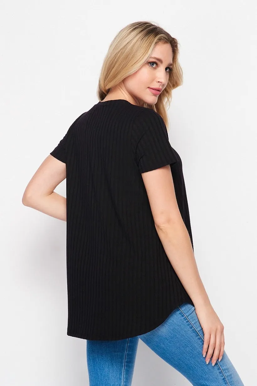 Black Ribbed V-Neck Tee