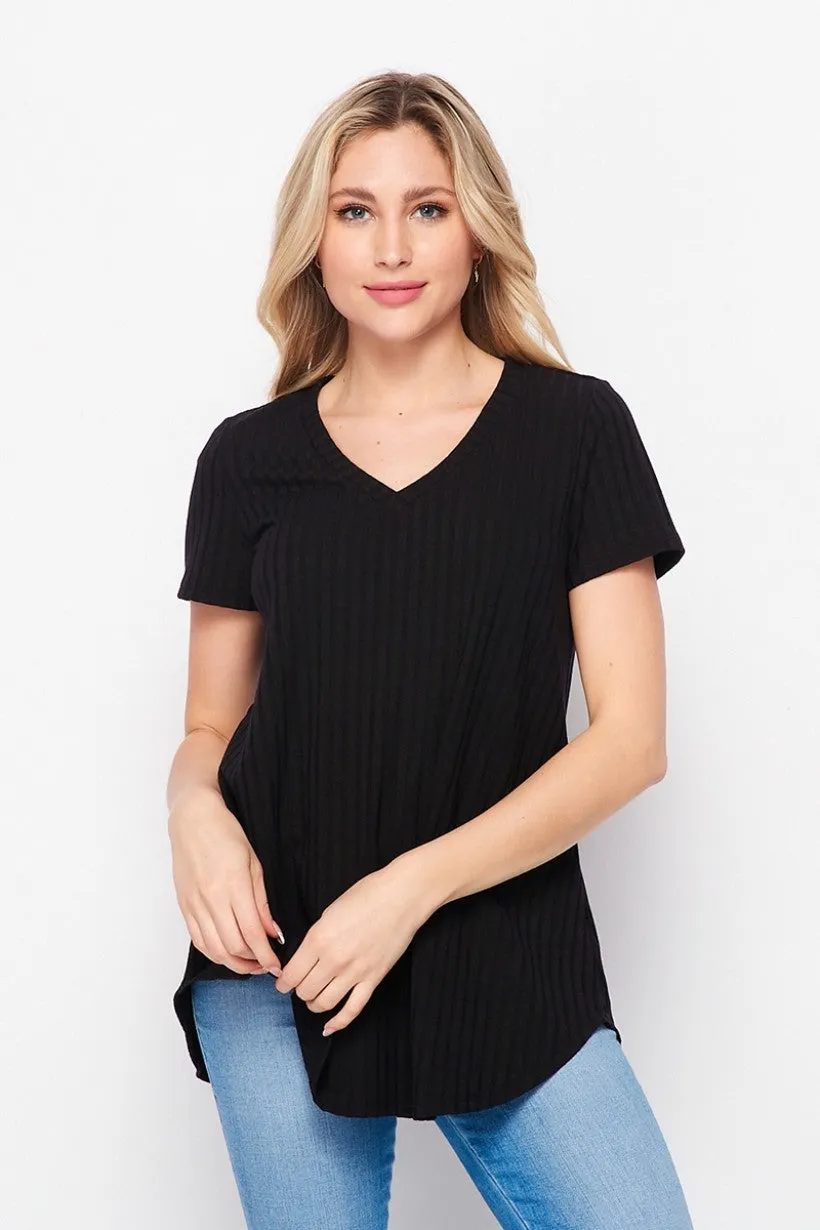 Black Ribbed V-Neck Tee