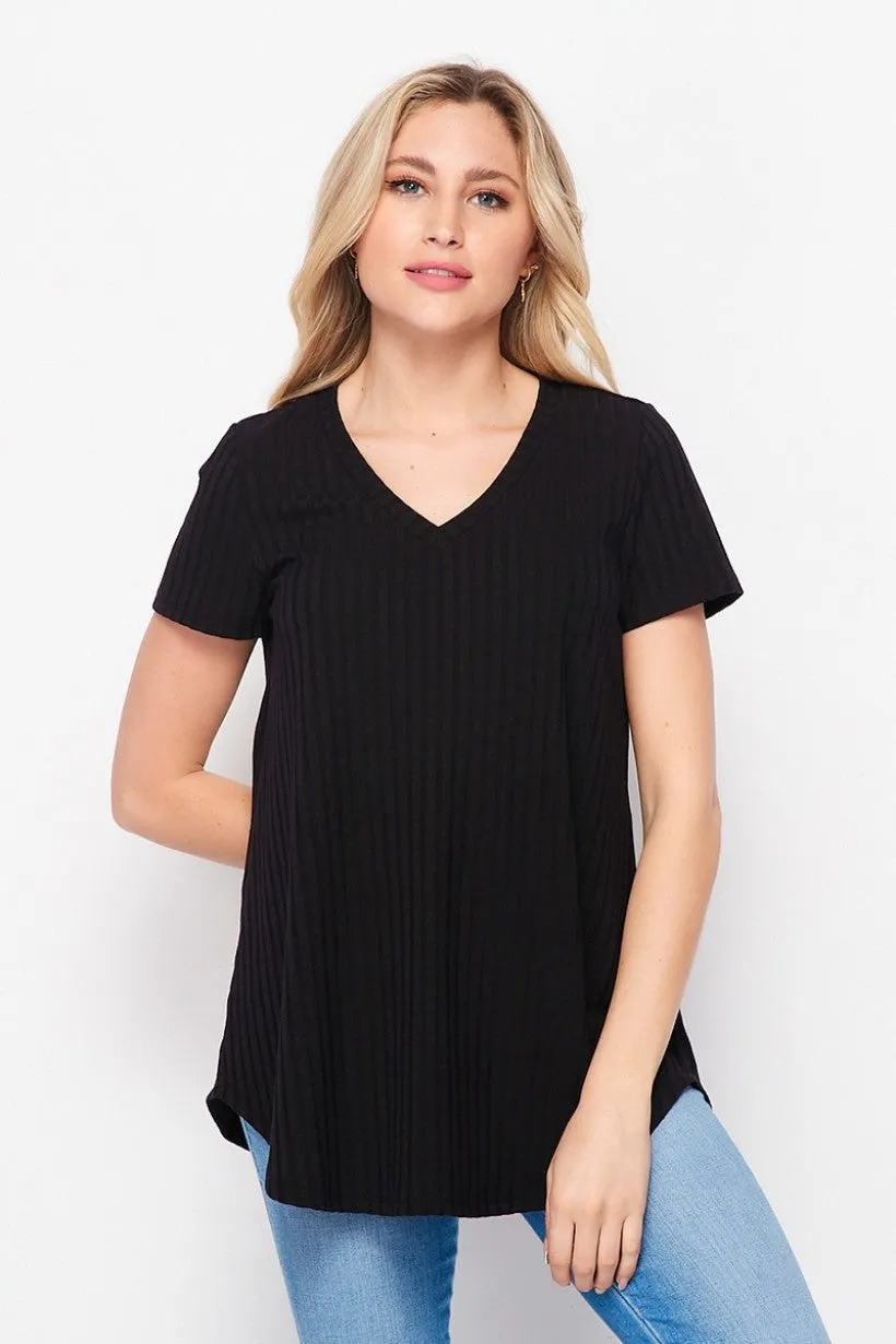 Black Ribbed V-Neck Tee