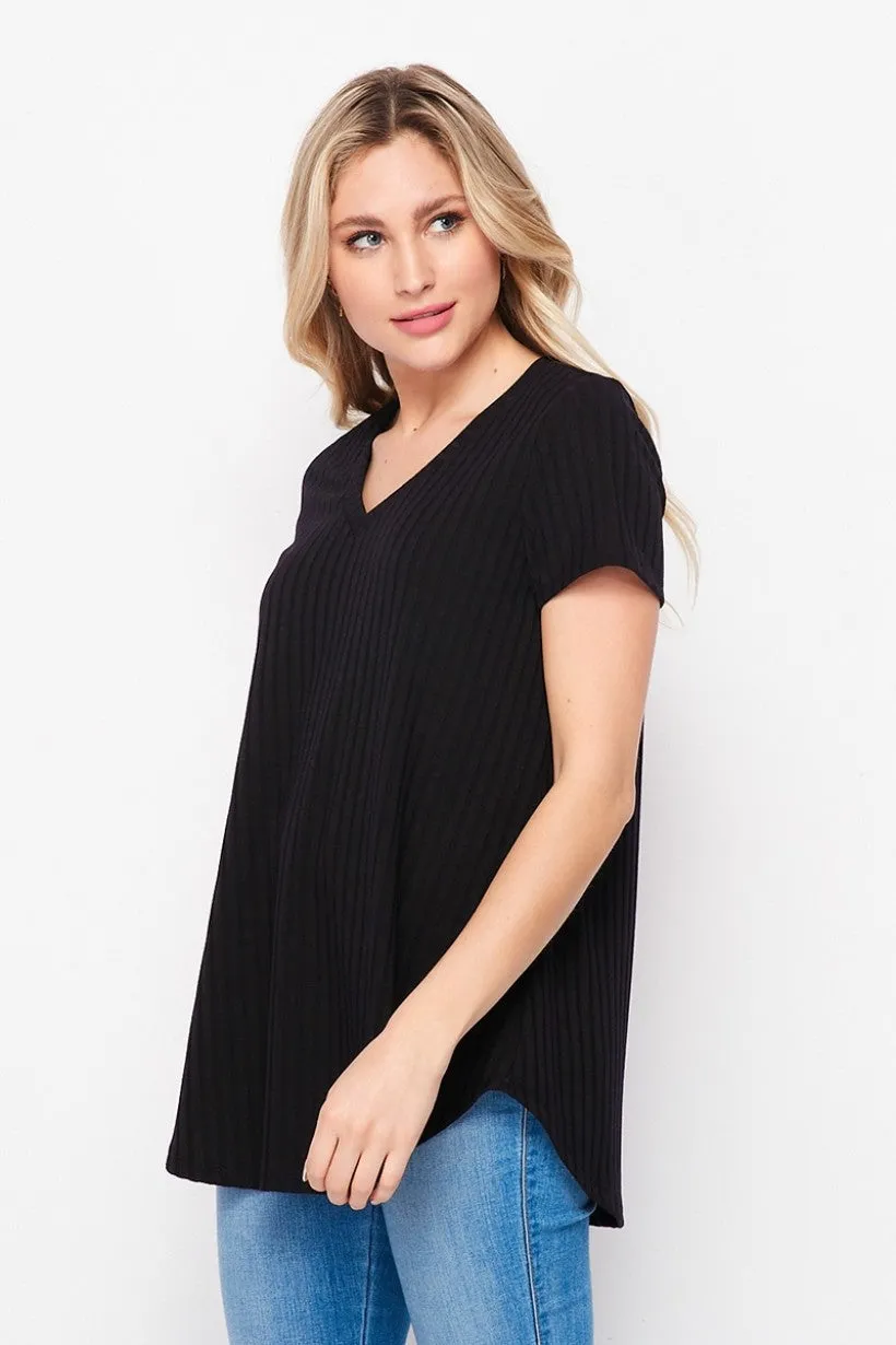 Black Ribbed V-Neck Tee