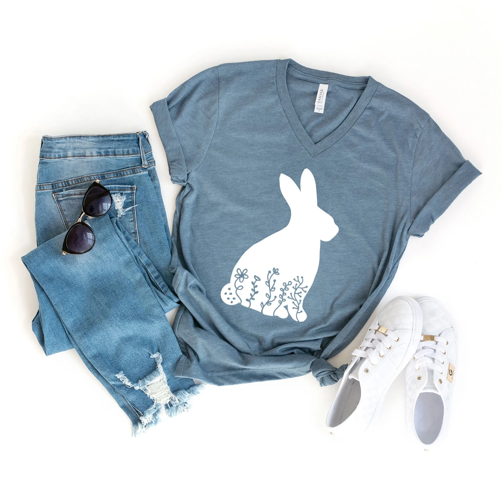 Bunny With Flowers | Short Sleeve V-Neck