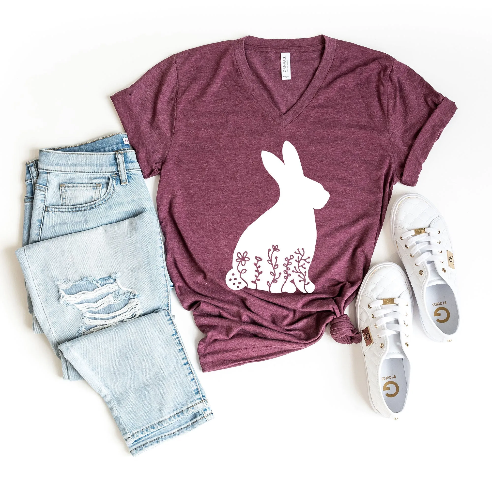 Bunny With Flowers | Short Sleeve V-Neck