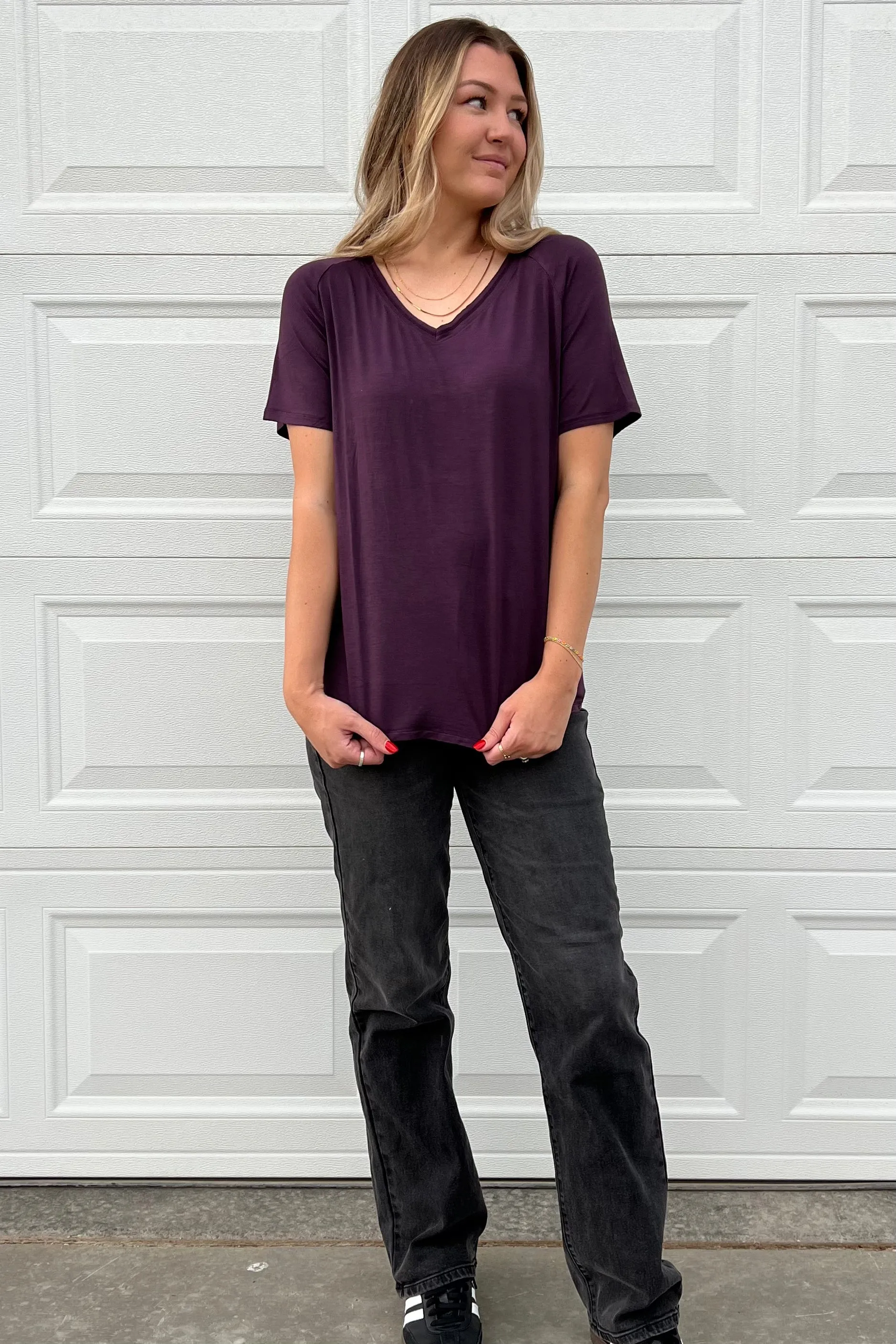 Buttery Short Sleeve V-Neck Tee - Plum