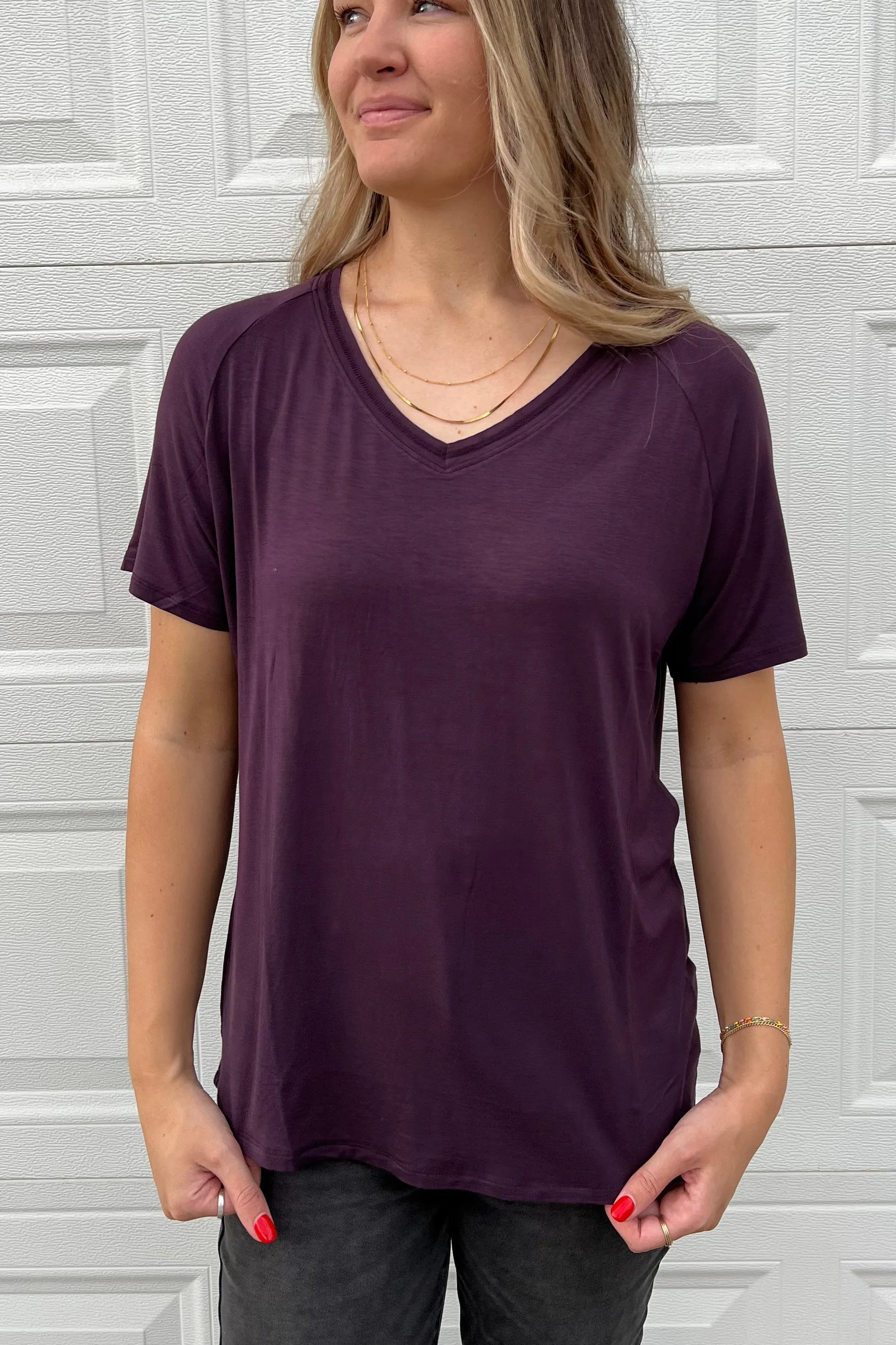 Buttery Short Sleeve V-Neck Tee - Plum