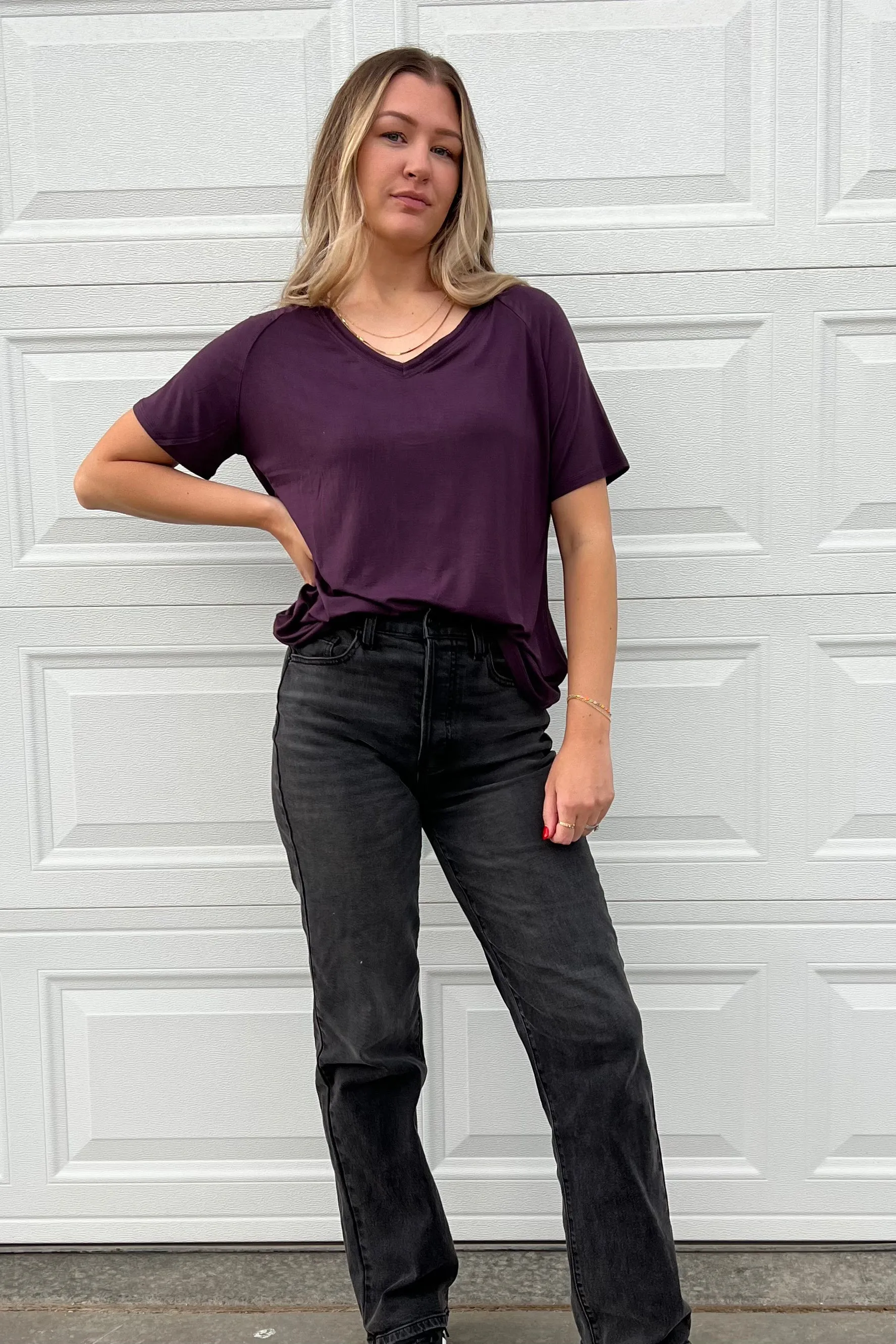 Buttery Short Sleeve V-Neck Tee - Plum