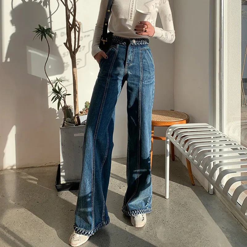 Casual Blue Denim Trousers For Women High Waist Loose