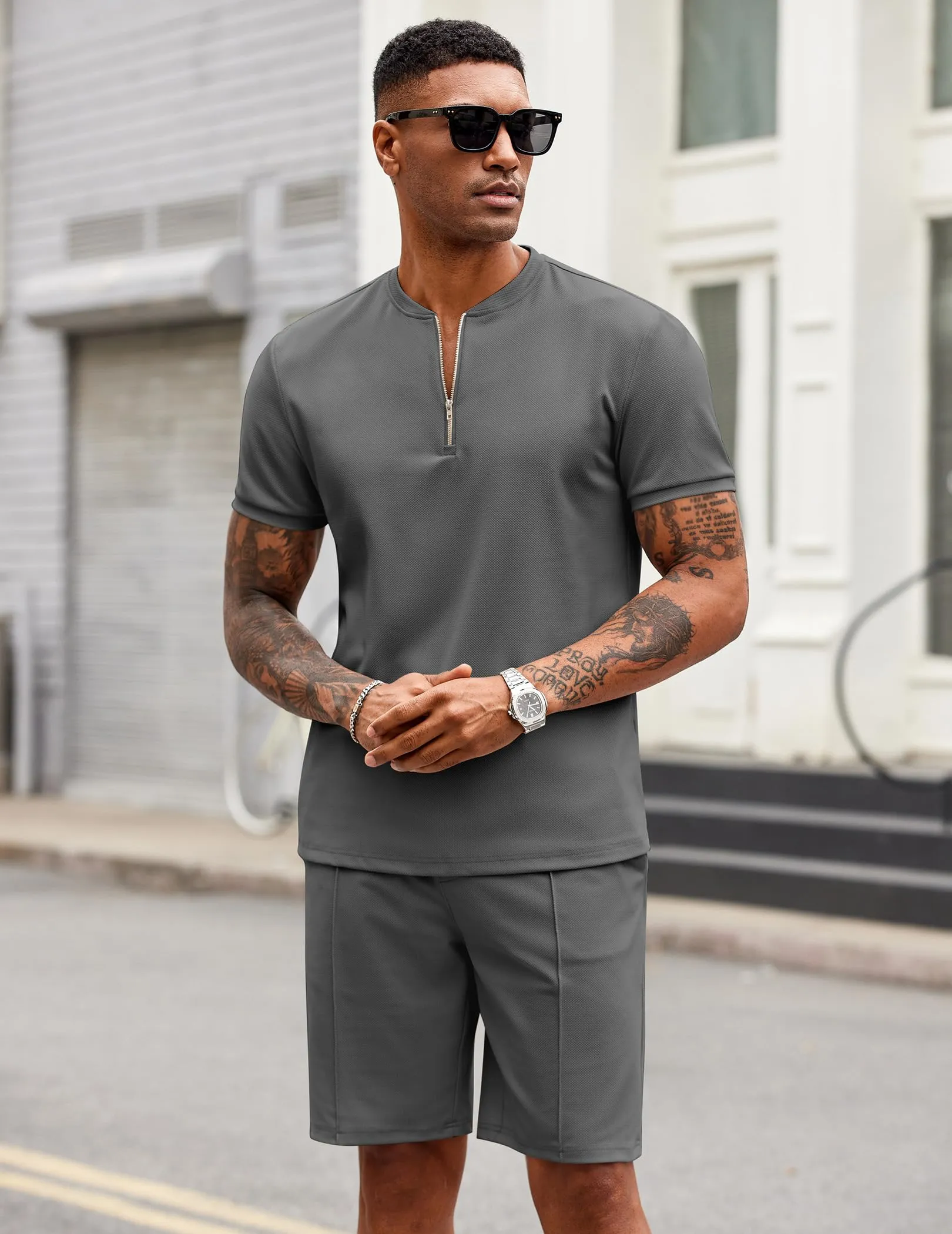 COOFANDY Men's 2 Pieces Outfits Casual Quarter Zip Polo T Shirt and Shorts Set Athletic Jogging Summer Tracksuit