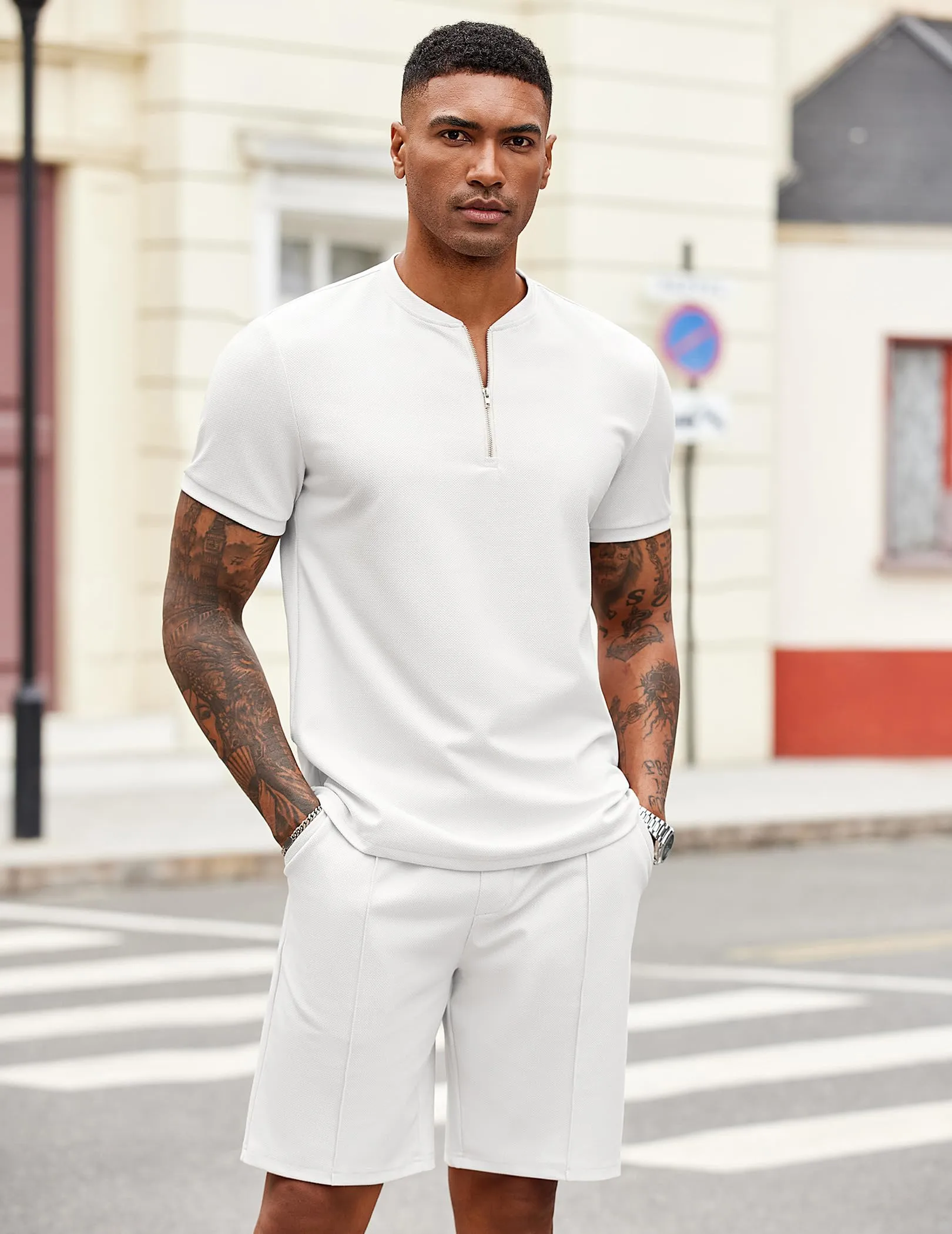 COOFANDY Men's 2 Pieces Outfits Casual Quarter Zip Polo T Shirt and Shorts Set Athletic Jogging Summer Tracksuit