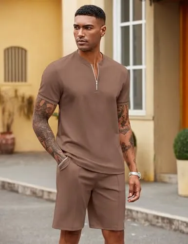 COOFANDY Men's 2 Pieces Outfits Casual Quarter Zip Polo T Shirt and Shorts Set Athletic Jogging Summer Tracksuit