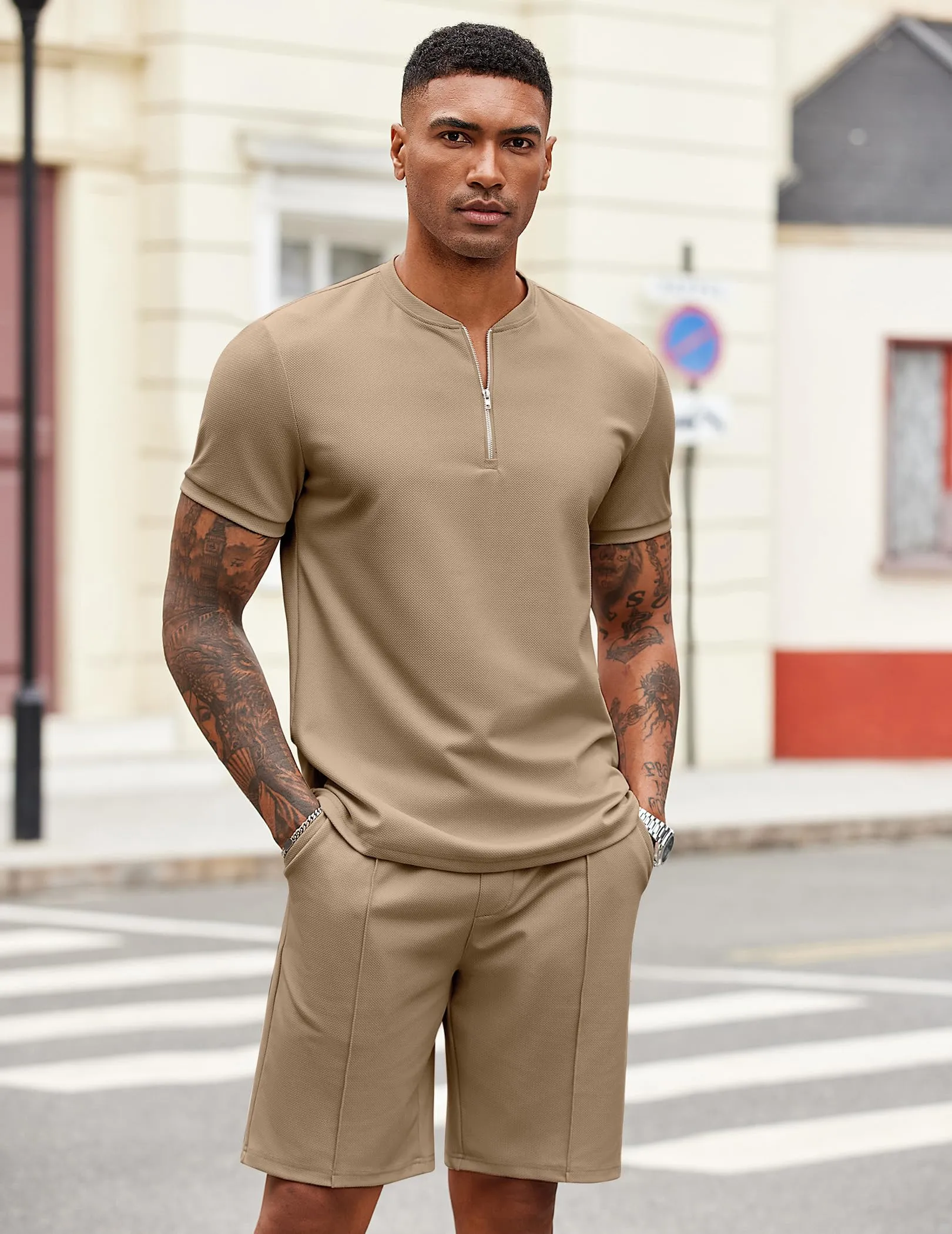COOFANDY Men's 2 Pieces Outfits Casual Quarter Zip Polo T Shirt and Shorts Set Athletic Jogging Summer Tracksuit