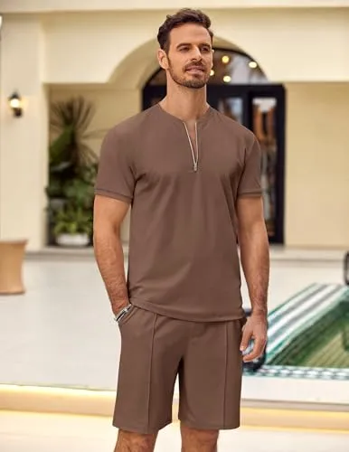 COOFANDY Men's 2 Pieces Outfits Casual Quarter Zip Polo T Shirt and Shorts Set Athletic Jogging Summer Tracksuit