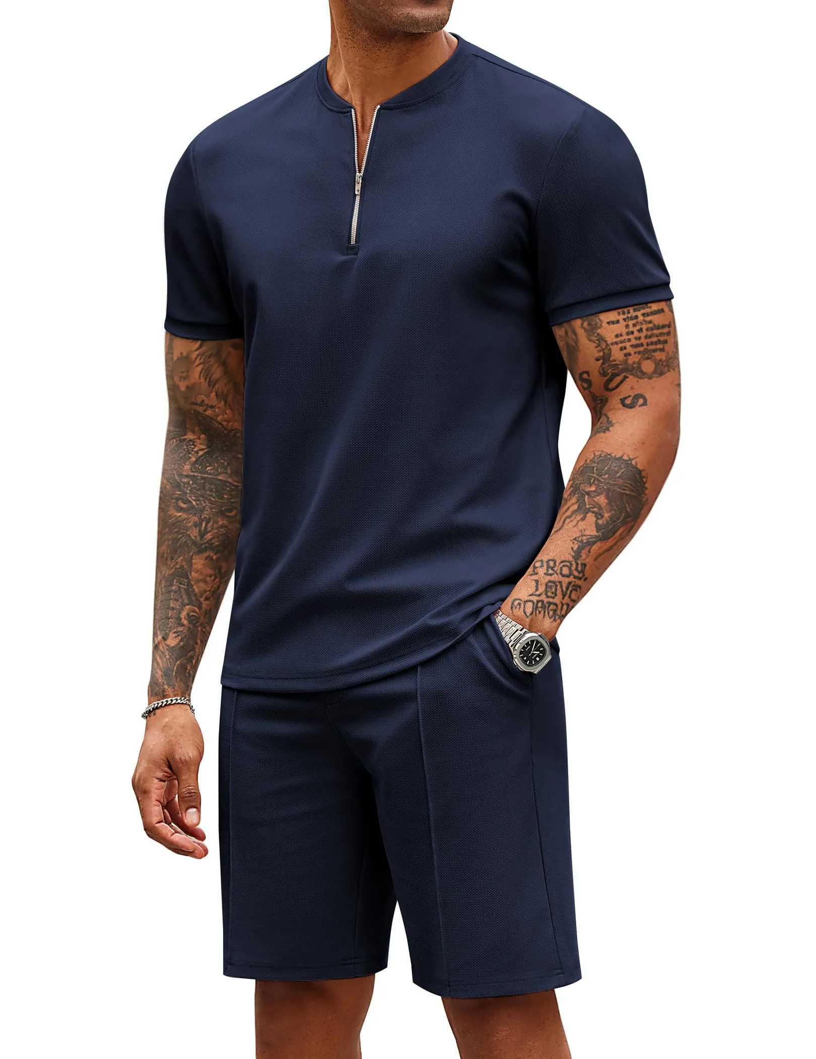 COOFANDY Men's 2 Pieces Outfits Casual Quarter Zip Polo T Shirt and Shorts Set Athletic Jogging Summer Tracksuit
