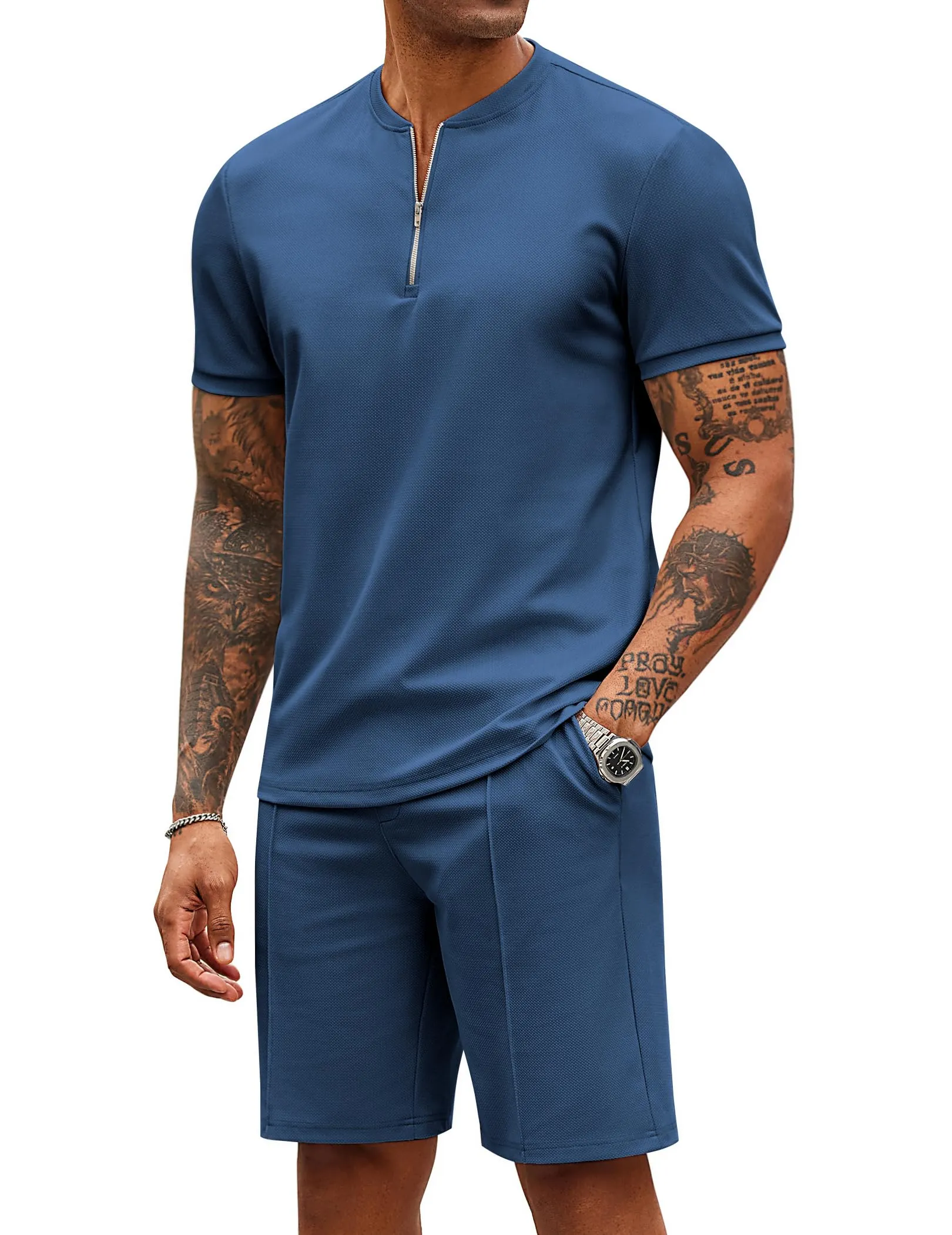 COOFANDY Men's 2 Pieces Outfits Casual Quarter Zip Polo T Shirt and Shorts Set Athletic Jogging Summer Tracksuit