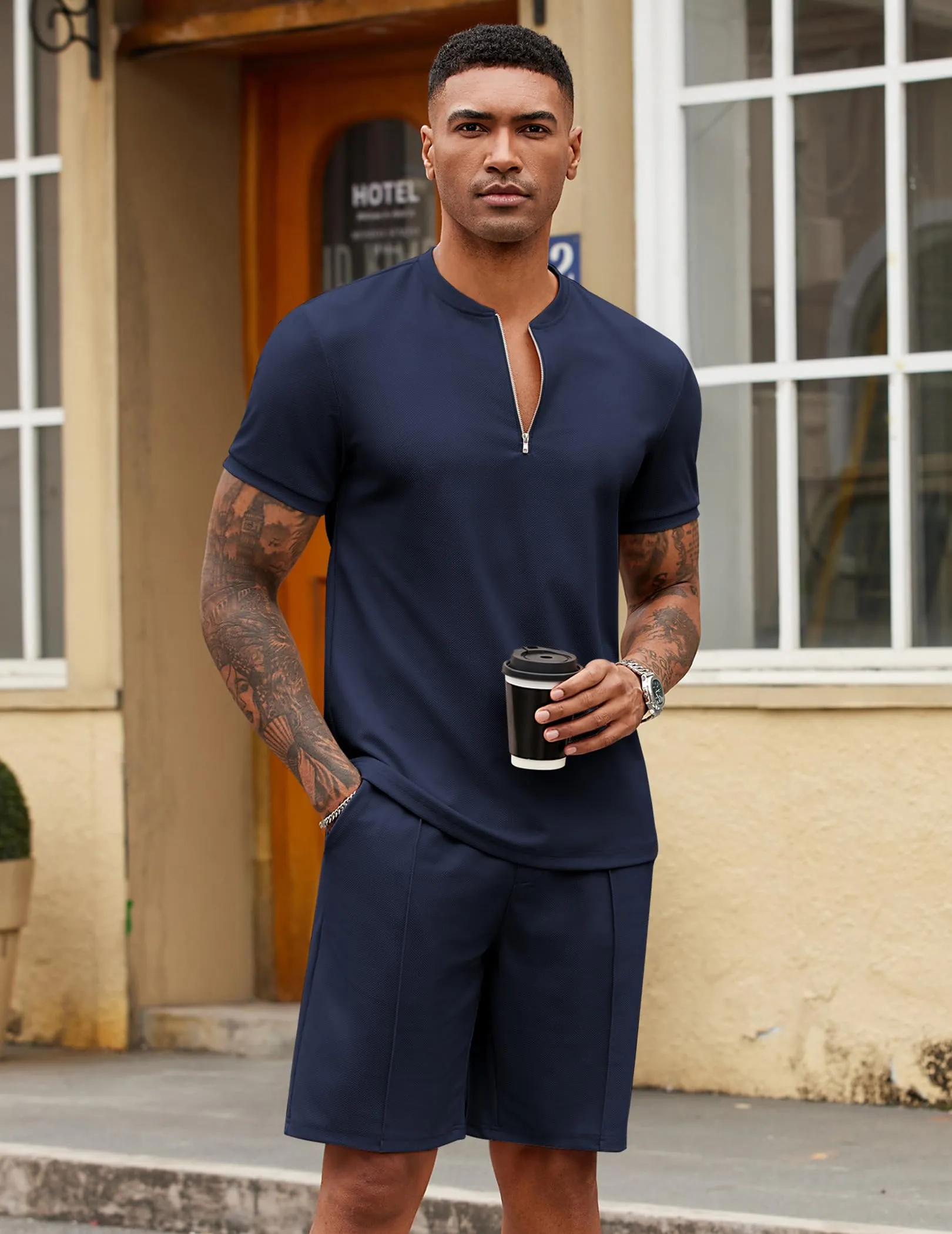 COOFANDY Men's 2 Pieces Outfits Casual Quarter Zip Polo T Shirt and Shorts Set Athletic Jogging Summer Tracksuit