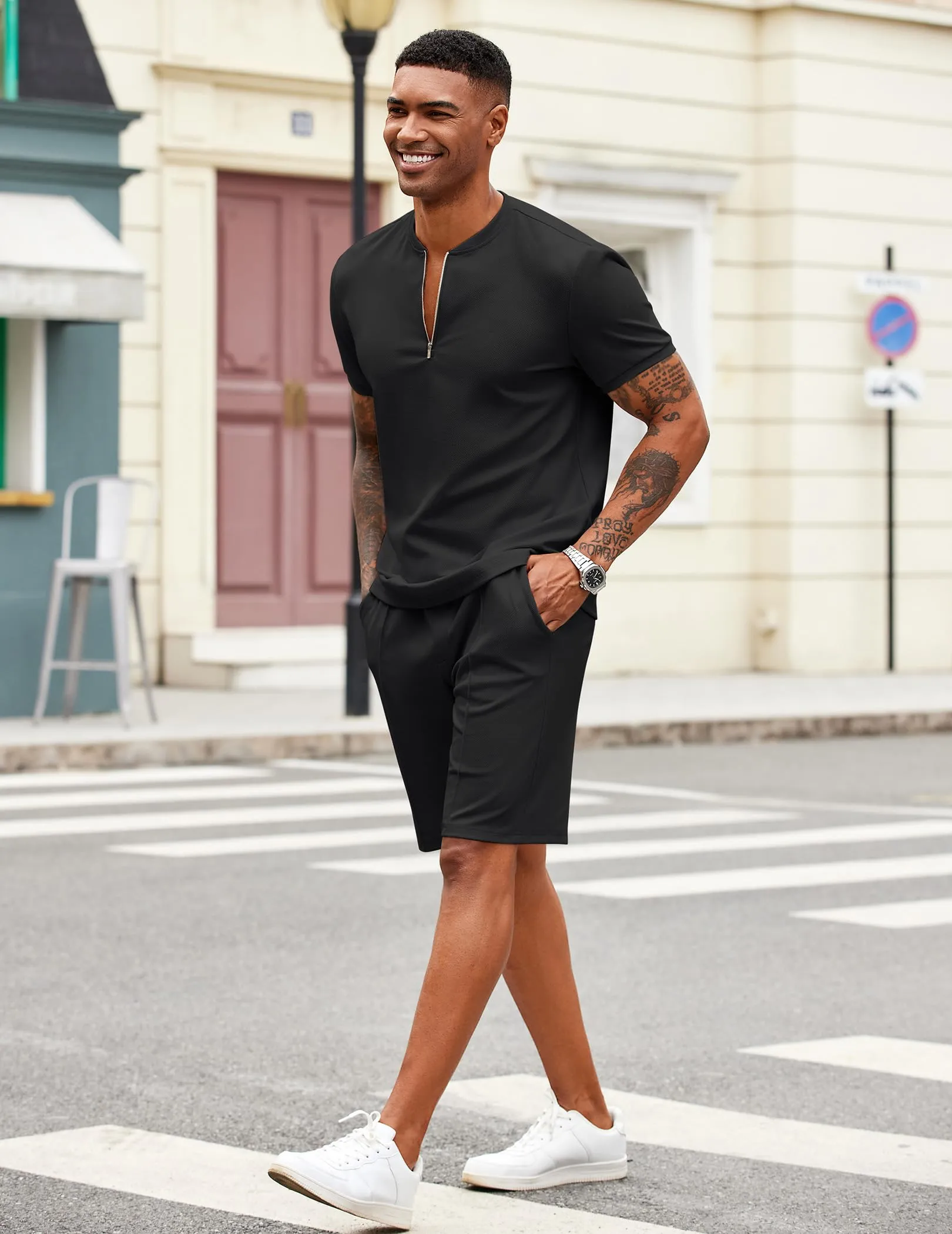 COOFANDY Men's 2 Pieces Outfits Casual Quarter Zip Polo T Shirt and Shorts Set Athletic Jogging Summer Tracksuit