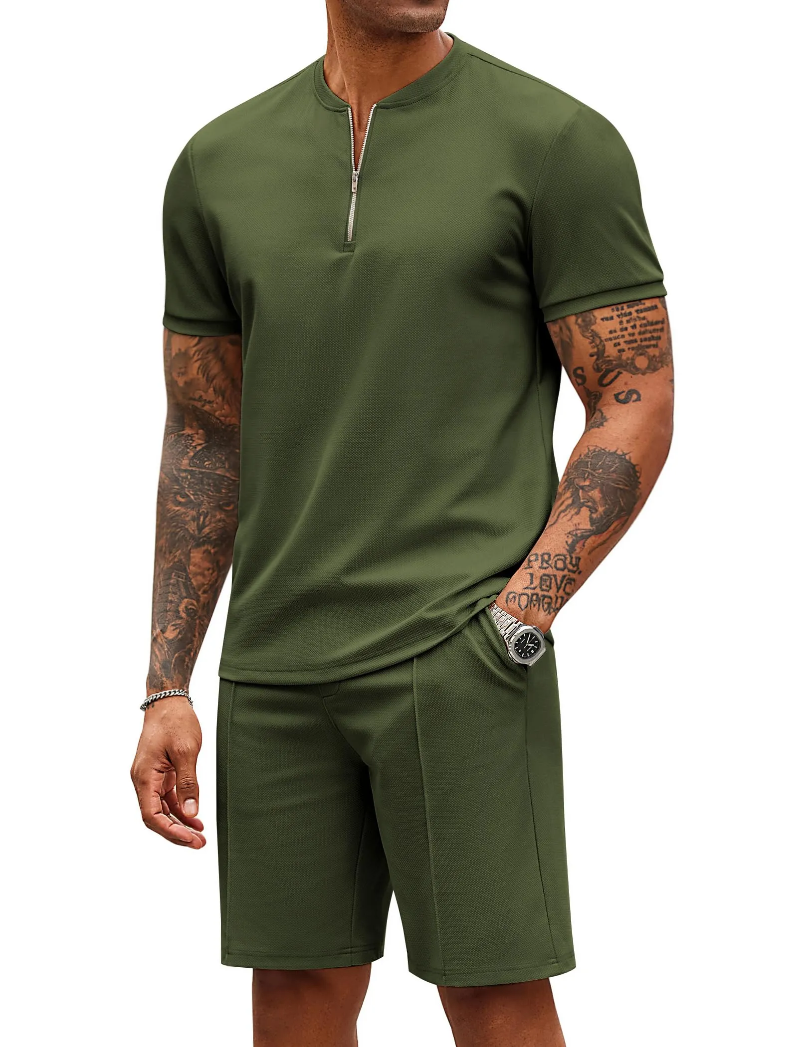 COOFANDY Men's 2 Pieces Outfits Casual Quarter Zip Polo T Shirt and Shorts Set Athletic Jogging Summer Tracksuit